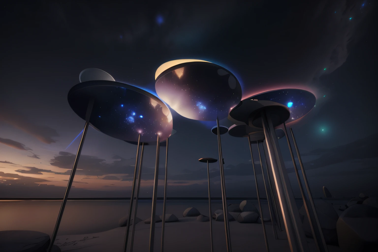 there are three metal poles with lights on them on a beach, surreal lighting, dramatic dreamlike lighting, 3 d render beeple, surreal sci fi set design, floating planets, surreal 3 d render, multiple moons glowing, in the art style of filip hodas, inspired by Filip Hodas, organic volumetric lights, otherworldly visuals