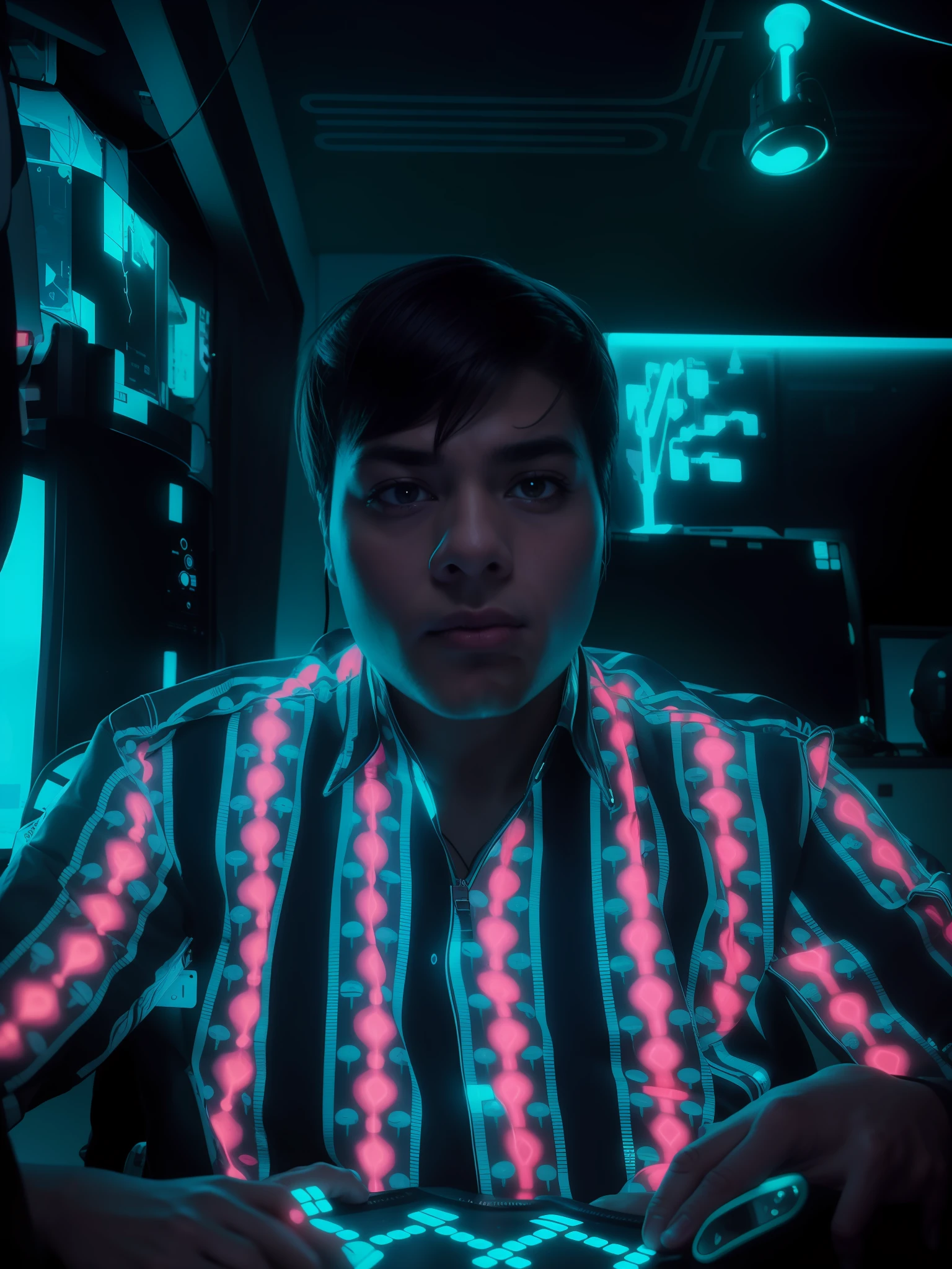 a dimly lit computer desk with multiple monitors and a keyboard, cyberpunk setting, cyber punk setting, cyber neon lighting, cyber space, cyberpunk with neon lighting, cyber neon lights, in a cyberpunk themed room, cyberpunk interior, gamer screen on metallic desk, cyber aesthetic, cyber style, sci-fi computer, cyber background, cyber installation, console and computer, realistic Indian boy
