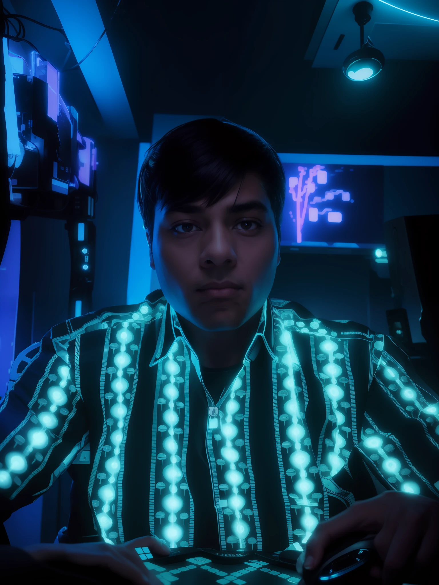 a dimly lit computer desk with multiple monitors and a keyboard, cyberpunk setting, cyber punk setting, cyber neon lighting, cyber space, cyberpunk with neon lighting, cyber neon lights, in a cyberpunk themed room, cyberpunk interior, gamer screen on metallic desk, cyber aesthetic, cyber style, sci-fi computer, cyber background, cyber installation, console and computer, realistic Indian boy