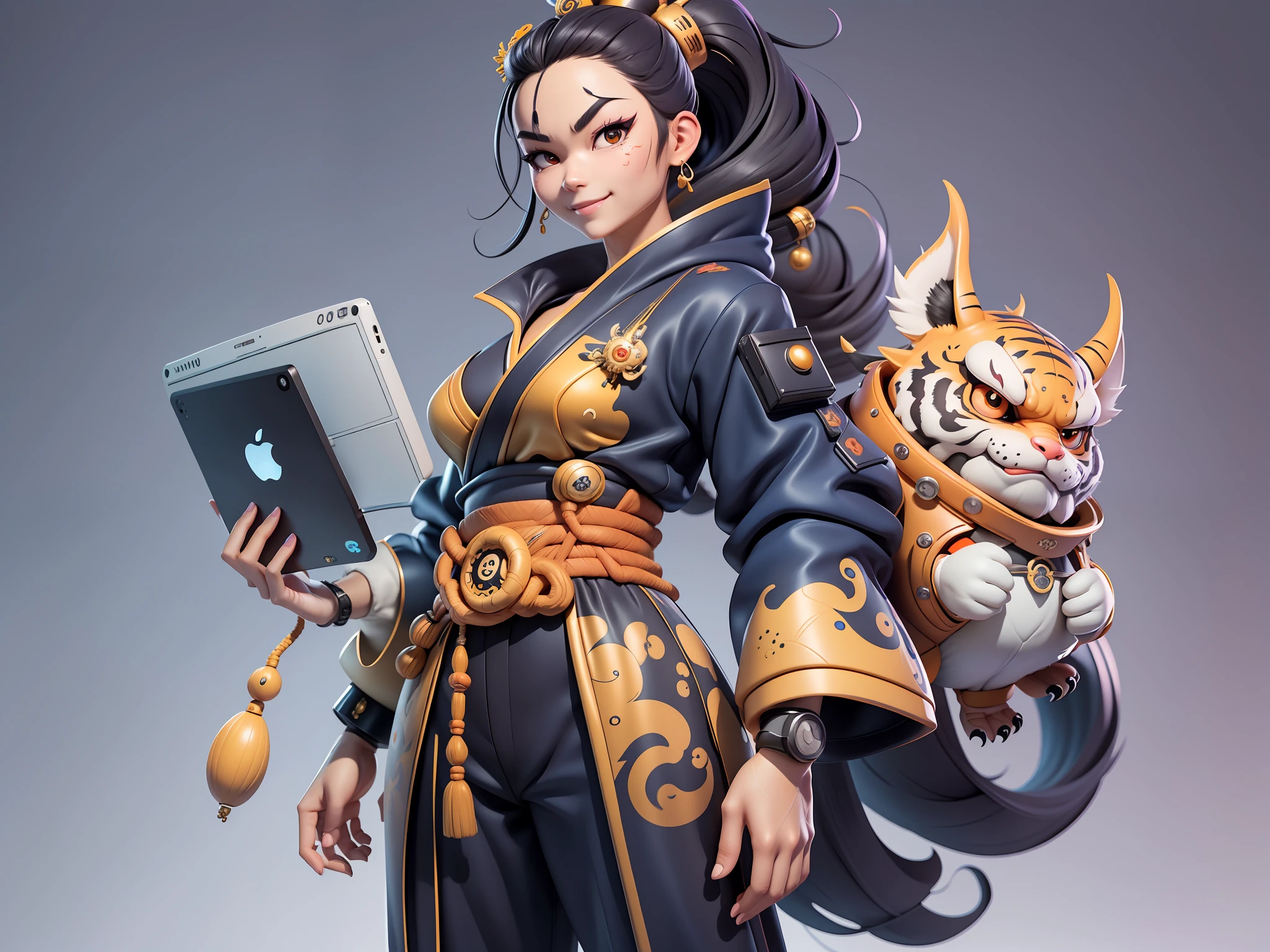 (Masterpiece), (Extreme Quality), (Super Meticulous), (Full Body: 1.2), Super Young Woman, Japanese Female Geisha, Beautiful, Chinese Ascension Dragon, Tiger, Wind God Thor, Sexy, Bursting, Oriental Face, TV Anchor, Bust Portrait Illustration, Alone, Black Suit, Blue Tie, Slightly Chubby, Very Clean Face, No Beard, Black Super Short Hair, Black Eyes, Confident Smile, 3c Computer Sub-Products, iPad, iPhone, Digital Painting, 3D character design by Mark Clairedon and Pixar and Hayao Miyazaki and Akira Toriyama, the illustrations are HD illustrations in 4K resolution with highly detailed facial features and cartoon-style visuals.