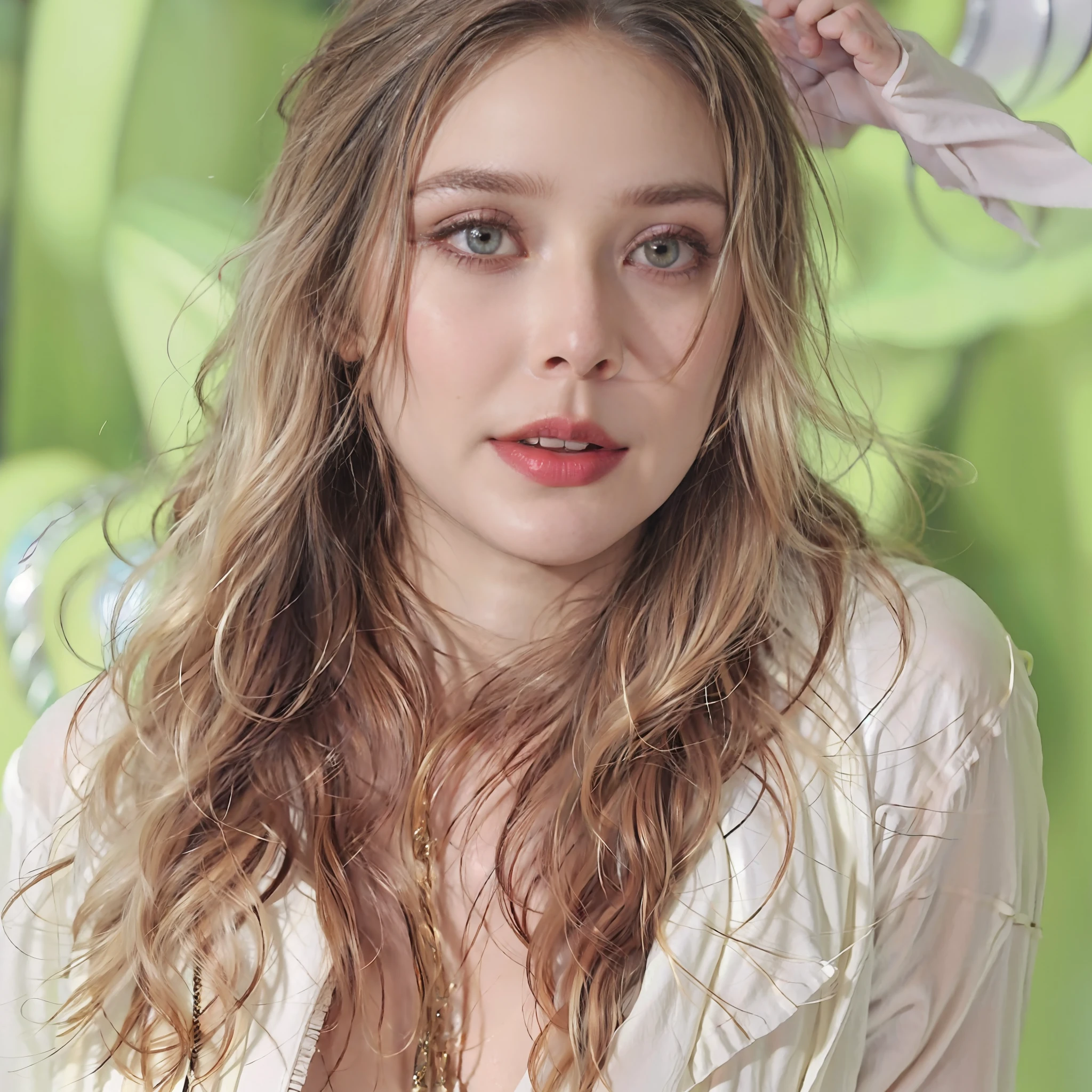 elizabeth Olsen sujetador blanco y bragas, Cintura diminuta, tetas grandes