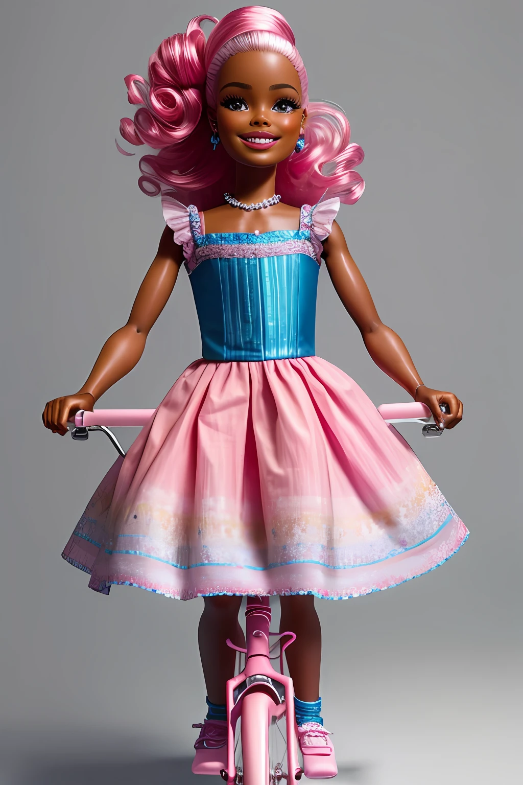 (64k, foto RAW, melhor qualidade, obra-prima: 1.2), ultra-detalhado, arte formal, fotorrealismo: 1.37, foto na parte superior do corpo, mulher ((AFRICANA,beleza, BARBIE,smiling and he smiles, pose sentada em uma bicicleta Pink,azul),num vestido lindo florido azul,pinke Rosa de alfaiataria ,repleta de flores rosa)muitas flores coloridas),cabelo encaracolado,trancado,detalhes