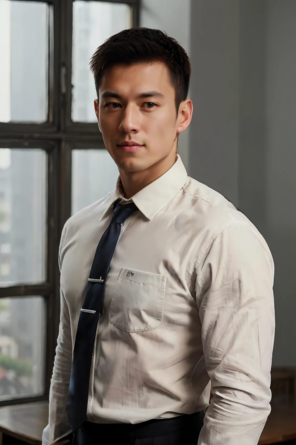 1man,
a 30 y.o muscular male wearing long-sleeve white shirt and tie, upper body,
soft lighting,
masterpiece, best quality, 8k uhd, dslr, film grain, Fujifilm XT3 photorealistic painting art by midjourney and greg rutkowski