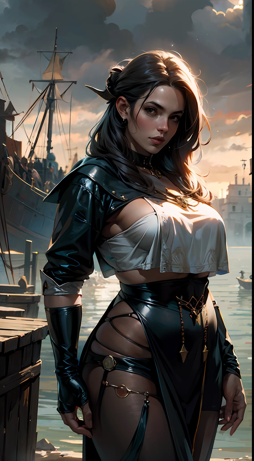 loira medieval (pirata: 1.2) com casaco preto, Seios enormes, belas curvas, decote, cintos, Slacks, standing on the docks in (Crowd of sailors: 1.1) leather and cold winter skin working beautiful overcast sky bright morning light (nevoeiro: 1.1) (chovendo: 1.1 ), (obra-prima:1.2) (illustration:1.1) (melhor qualidade:1.2), foco nítido, Studio photo, detalhes intrincados, altamente detalhado, profundidade de campo, foco nítido, High detail, textura de pele realista, Realistic, fotorrealista, Arte Digital, tinta escura, Directed by: Greg Rutkowski