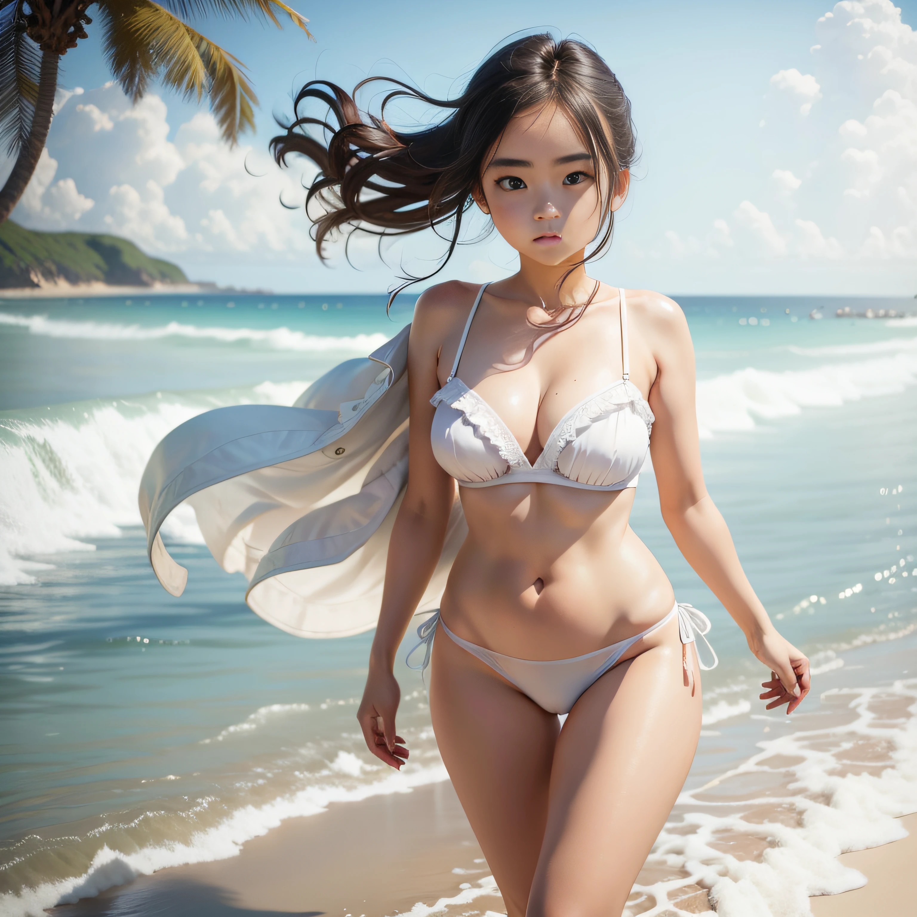 A round-faced cute girl strolling on the beach in white lingerie