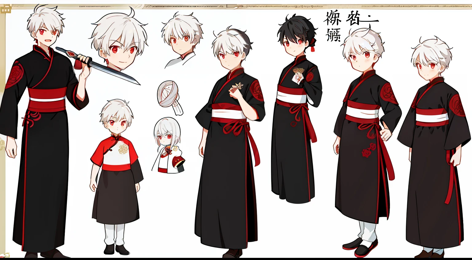 Reference table for cute boys,with short white hair,red color eyes,ssmile,Black Chinese Hanfu,Red rose on the chest,There is a sword in the hand,The sword,Knights,详细的脸,detailed hairs,concept-art,concept art of character,Character sketches,reference sheet,Role table