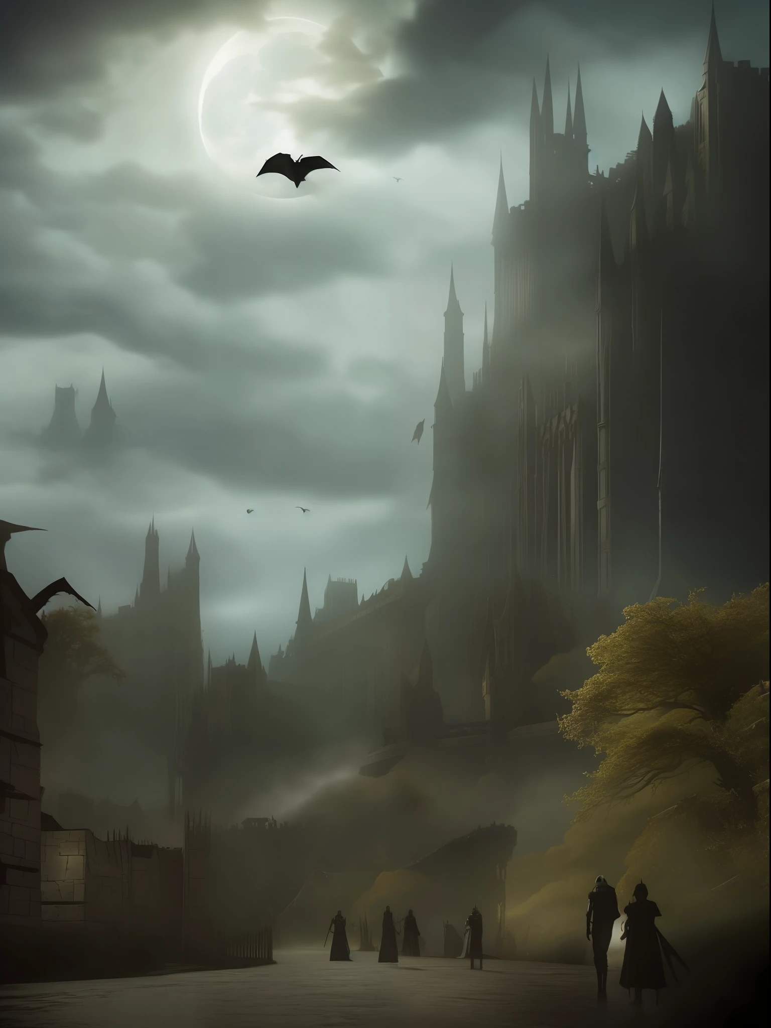 A breathtaking gothic-punk style artwork featuring a fantasy fortress under the moonlight. The architecture of the fortress is inspired by gothic design, with intricate details and dark colors. The atmosphere is ominous and terrifying, enhanced by the presence of bats and menacing clouds in the sky. The image is rich in intense colors and gritty textures, creating a post-apocalyptic background that will captivate viewers. This high-quality artwork is perfect for gothic and fantasy-themed projects, providing a sense of mystery and darkness