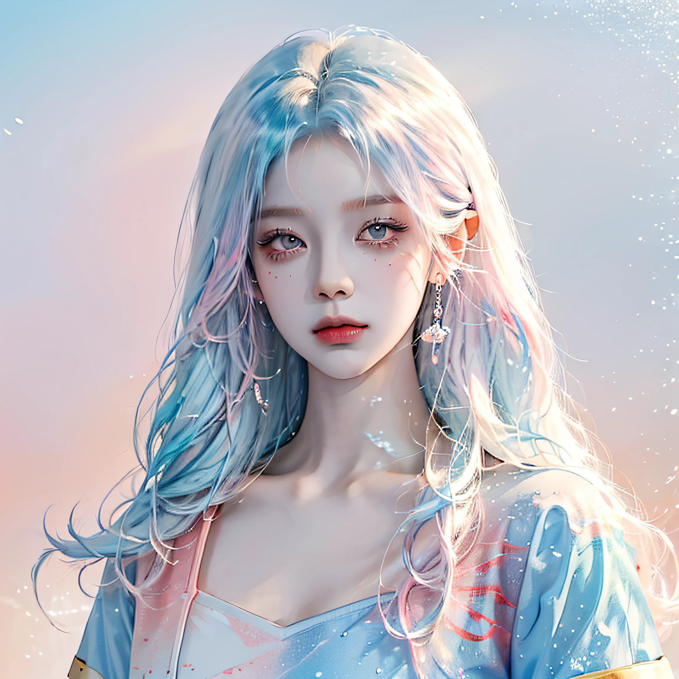 (Masterpiece, Best Quality, High Resolution), White Background, Acrylic Paint, ((Color Splash, Splash of Ink, Color Splash)), Sweet Chinese Girl, Long Light Blue Hair, [Light Blue|Pink] Hair, Curly Hair, Glitter, Peach Lips, White Shirt, Front, Upper Body