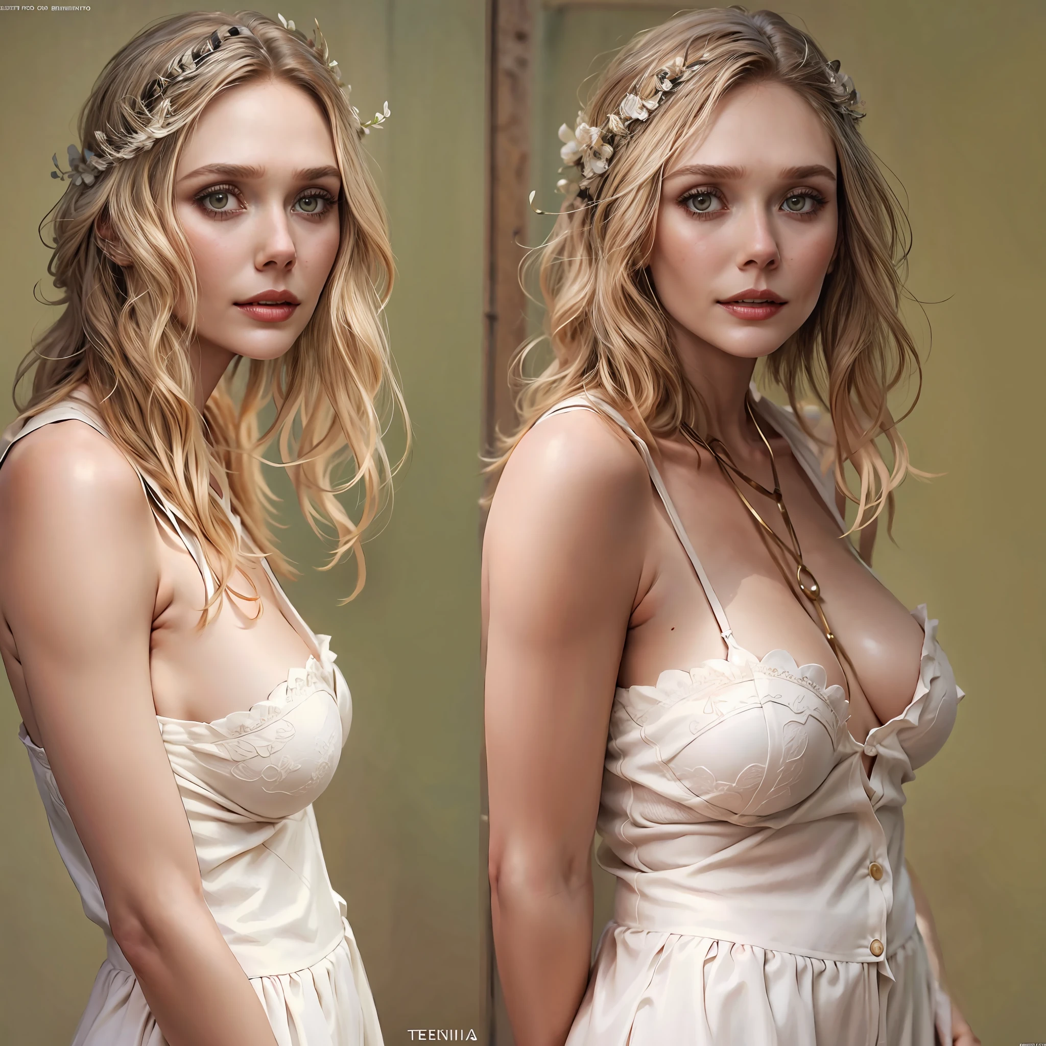 elizabeth Olsen sujetador blanco y bragas, Cintura diminuta, tetas grandes