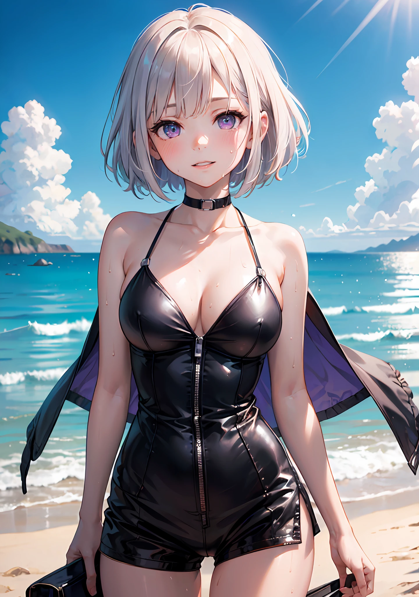 (masterpiece, best quality, high resolution), 1girl, naked, white hair, purple eyes, bob cut, short wavy hair, average breasts, blush, light smile, parted lips, glow, thighs, bare shoulders, collarbone, narrow waist, (sunbeam, sunlight, rose, wind, beach, seaside), cleavage, (beautiful detailed face, beautiful detailed eyes), (sweat), (portrait shot), NSFW