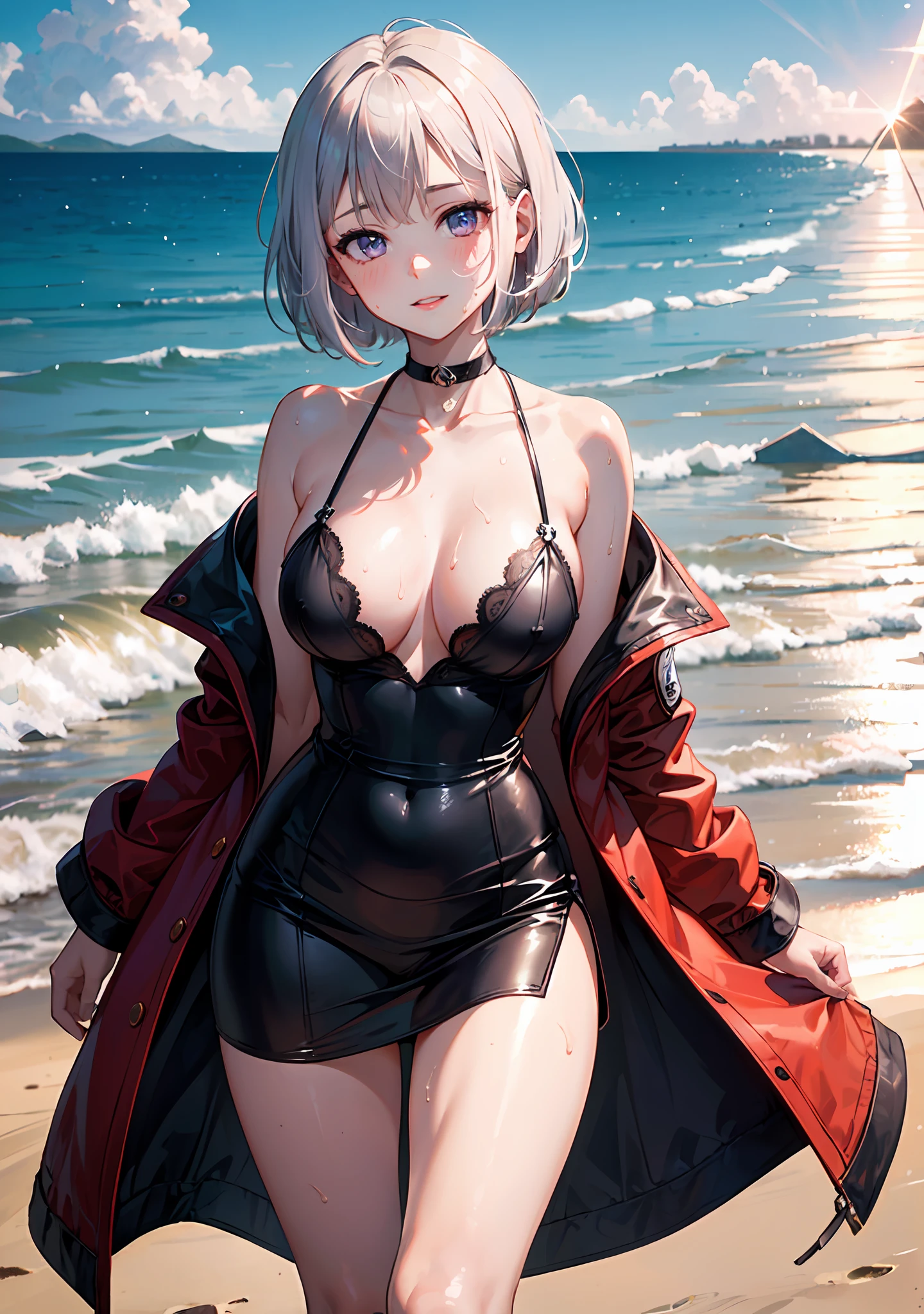 (masterpiece, best quality, high resolution), 1girl, naked, white hair, purple eyes, bob cut, short wavy hair, average breasts, blush, light smile, parted lips, glow, thighs, bare shoulders, collarbone, narrow waist, (sunbeam, sunlight, rose, wind, beach, seaside), cleavage, (beautiful detailed face, beautiful detailed eyes), (sweat), (portrait shot), NSFW