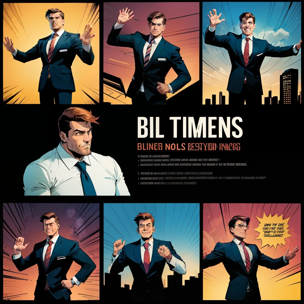 A 6-picture comic strip of a businessman waving his arm up and down，Comic book style comic strip，Arms waving businessman，6 picture comic strip