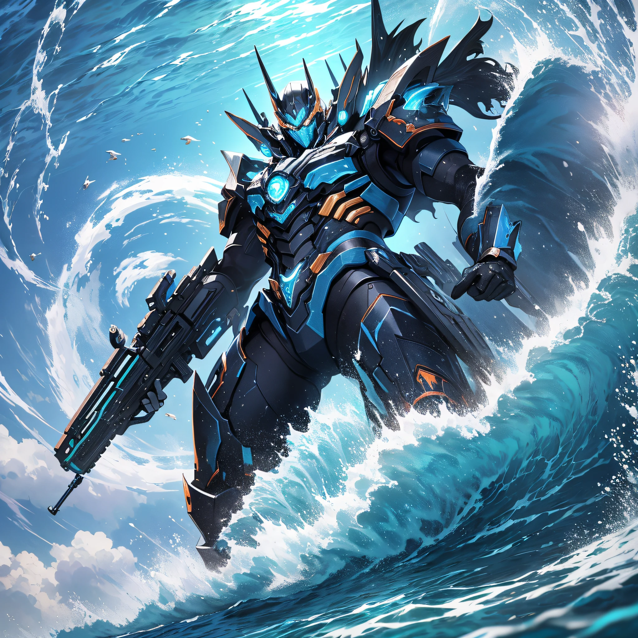 Ridiculous resolution,A high resolution,(tmasterpiece:1.4),hyper-detailing,Underwater world(1.3),Blue mechanical titan giant,charge,tidal waves