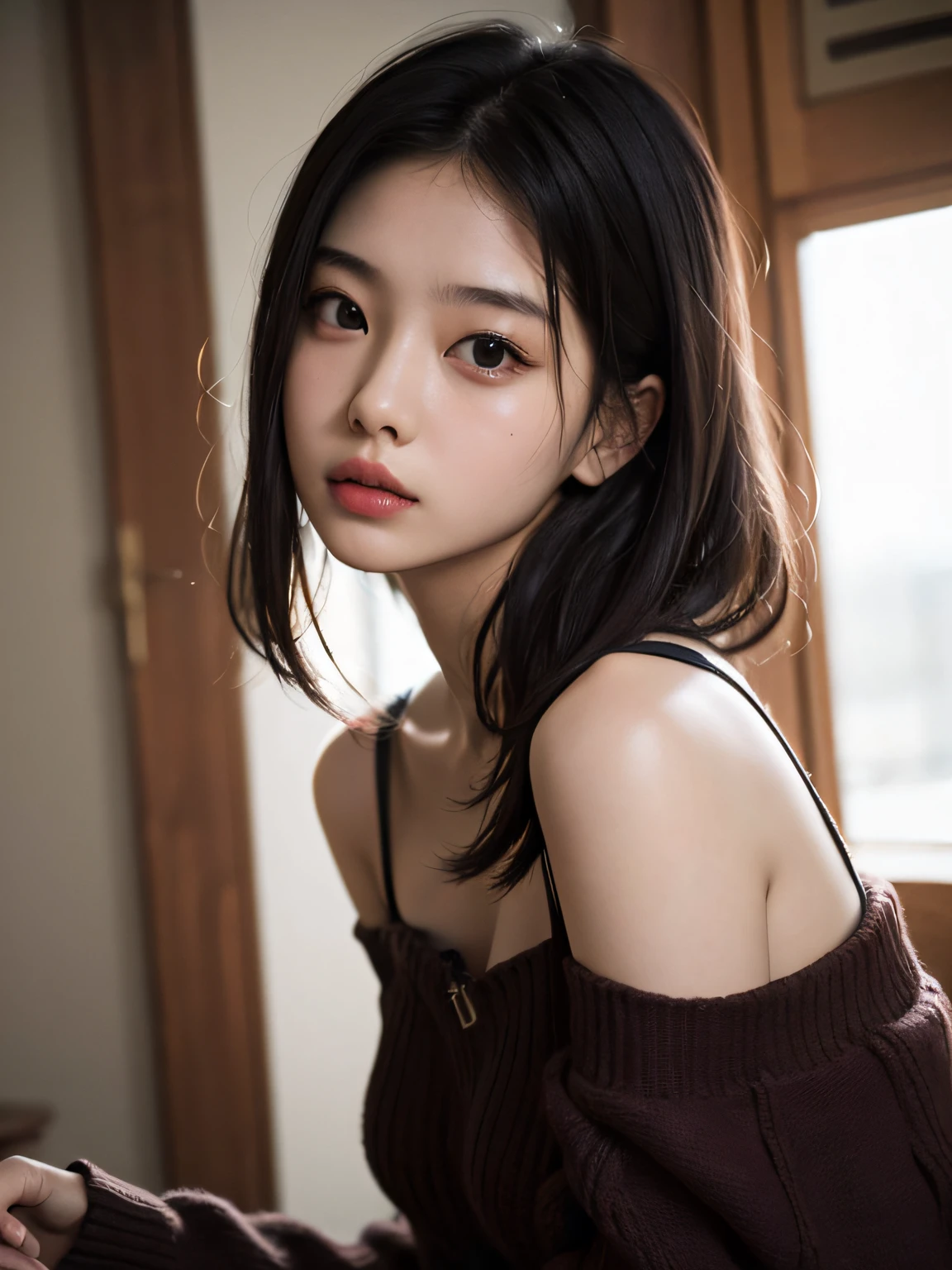 best qualtiy,tmasterpiece,超高分辨率,(真实感:1.4),RAW photogr,1girl,cropped shoulders,down,High value,Staring