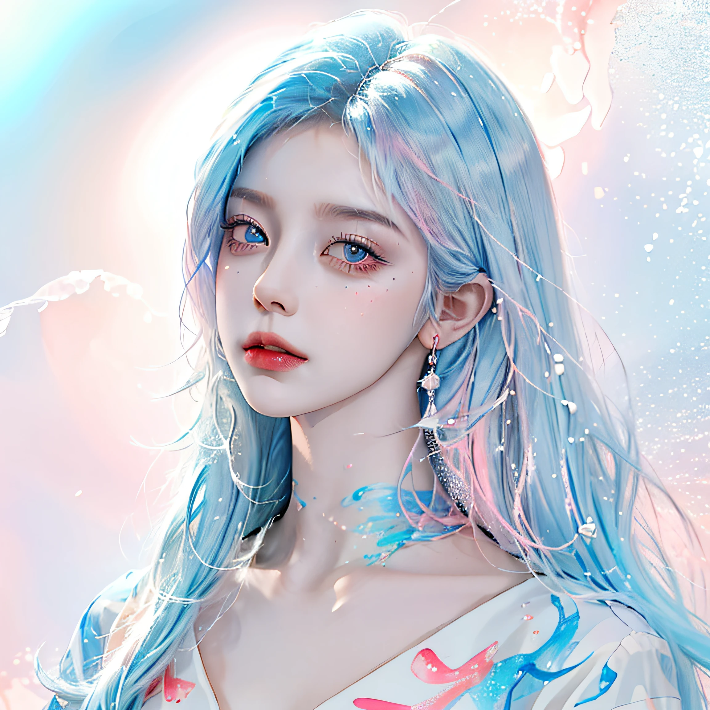 (Masterpiece, Best Quality, High Resolution), White Background, Acrylic Paint, ((Color Splash, Splash of Ink, Color Splash)), Sweet Chinese Girl, Long Light Blue Hair, [Light Blue|Pink] Hair, Curly Hair, Glitter, Peach Lips, White Shirt, Front, Upper Body