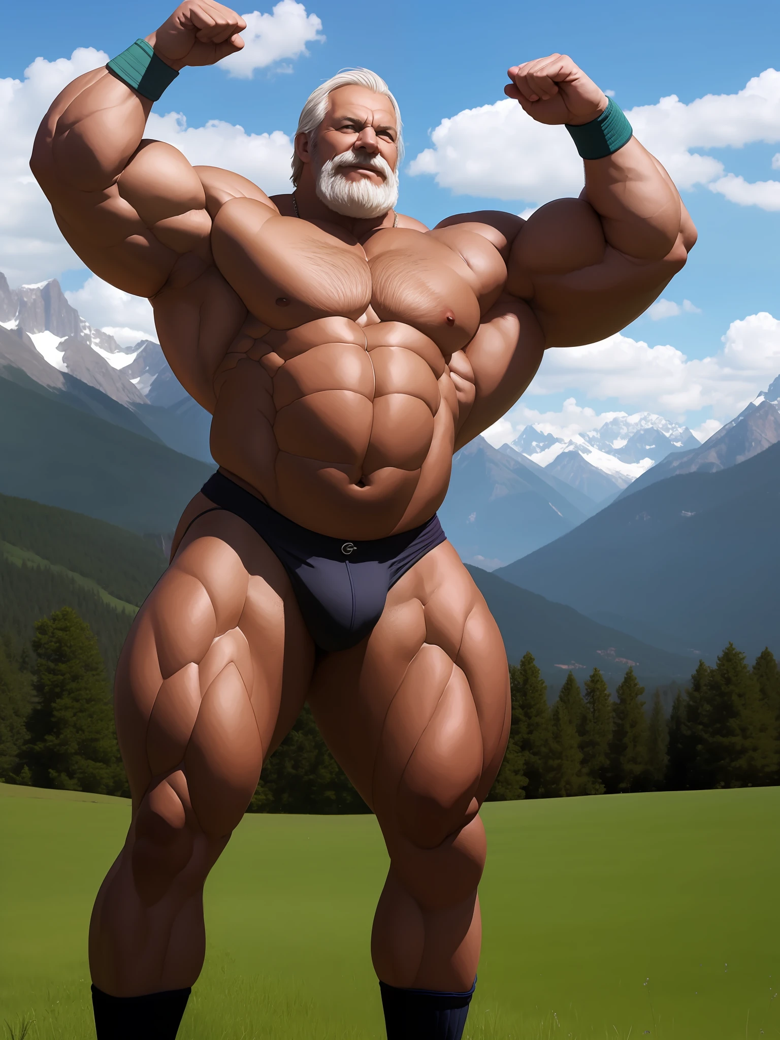 "Enormously muscular elderly man with bulging muscles and wearing only underwear, standing confidently in a vast open field with distant majestic mountains."