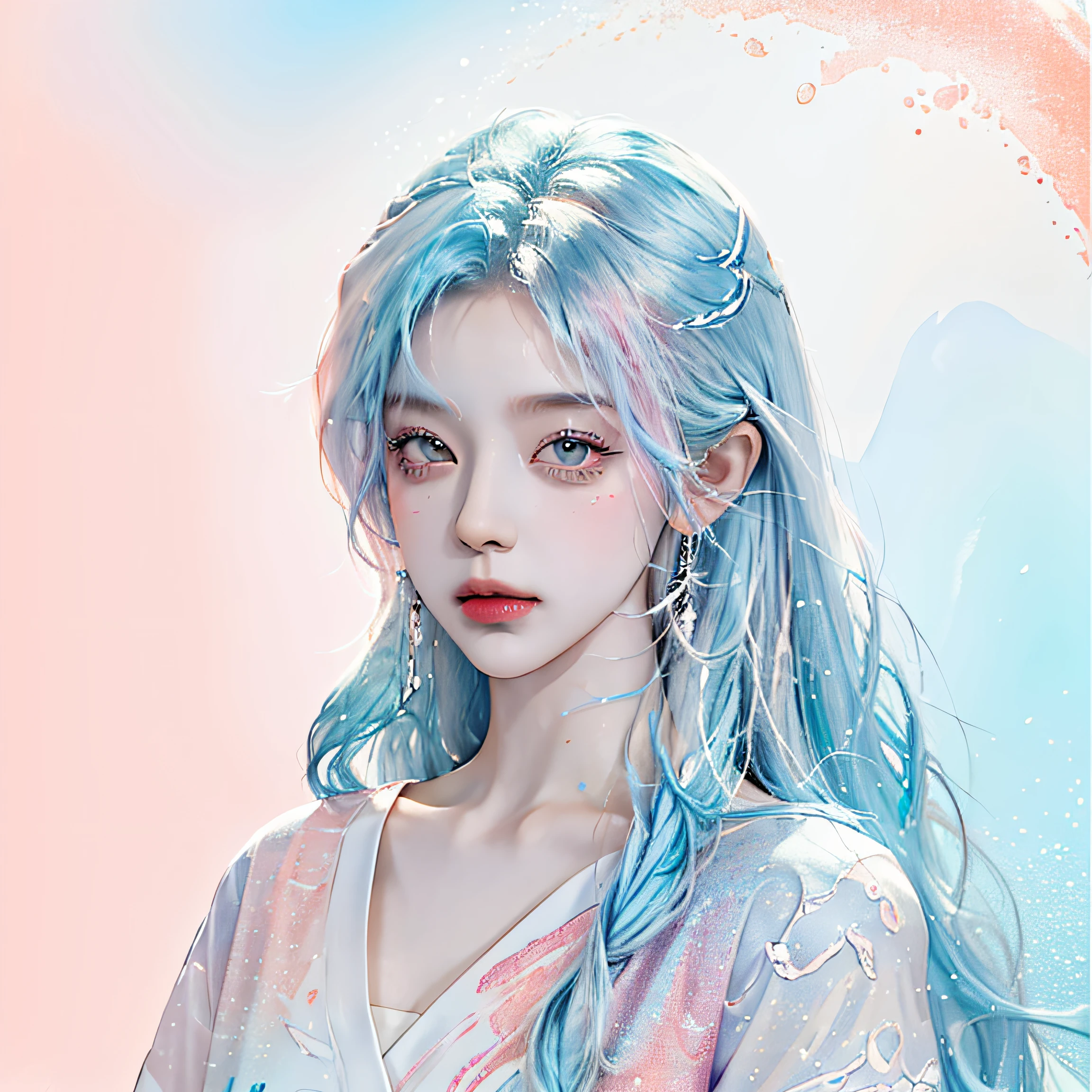 (Masterpiece, Best Quality, High Resolution), White Background, Acrylic Paint, ((Color Splash, Splash of Ink, Color Splash)), Sweet Chinese Girl, Long Light Blue Hair, [Light Blue|Pink] Hair, Curly Hair, Glitter, Peach Lips, White Shirt, Front, Upper Body