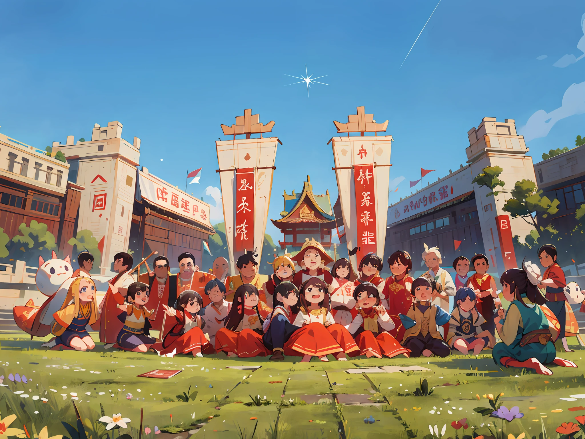 A group of Arafelds posed for a group photo in front of a large building, Group photo, wide - shot, wide wide shot, Student, su fu, College, the photo shows a large, University, wonderful masterpiece, Uptrend ，, Lu Ji, Wonderful, baotou china, Wanda, wide portrait, image, Grand!, Golden Hoop Stick, a wide full shot