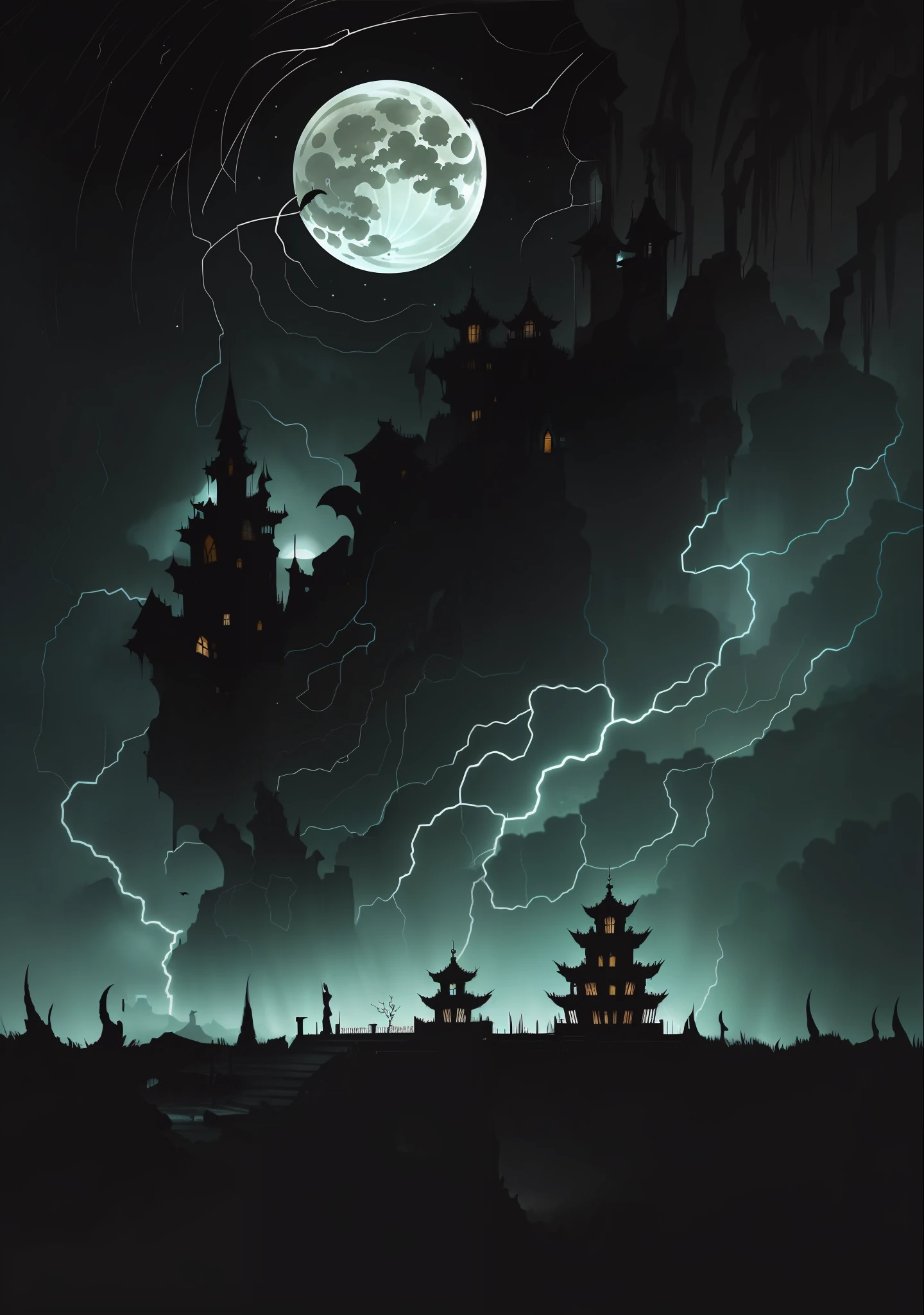 The image depicts a dark and creepy scene，包括 in dark and contrasting tones。Ao fundo，There is a majestic and dilapidated Gothic mansion，Its tower reaches out into the night sky。Its stone walls have been worn out by time and decay，The atmosphere of abandonment and melancholy is intensified。The starry sky was covered with heavy dark clouds，dark stormy clouds。Lightning cuts the horizon，Casts a brief flash of light，Illuminate the surroundings，Reveal ominous details。The full moon hovers in the sky，Shrouded in a spectral halo，His supernatural presence is highlighted。In front of the mansion，There is an abandoned garden，onde as plantas murchas e espinhosas crescem de forma desordenada。Rough leafless trees cast ominous shadows over the terrain。Flores mortas e negras desabrocham em espirais distorcidas，Evokes a decaying sense of life。There is no image center，Destaca - If it is a lonely human form。She's standing，With an air of despair and pain。His face was gloomy，The expression is a mixture of fear and pain。The person puts his hand on his face，It was as if he was in pain and struggling with inner pain。The figure is surrounded by ominous shadows，These shadows stretch and twist on the ground，It looks like a pre-named la no lugar。These shadows create an illusion of movement，And make it feel like the characters are trapped in an endless nightmare。The scene is sparsely lit，Focus on specific points，Highlight the element key，Add mystery and suspense。The main color is black，cinza，marrom e roxo profundo，criando um ambiente sombrio e sufocante。There are no conjunctions，The illustrations in the Gothic style with depth attempt to capture the essence of anxiety and despair。It depicts a melancholy world，Repressed and full of negative emotions，The audience is immersed in a whirlwind of dark emotions。