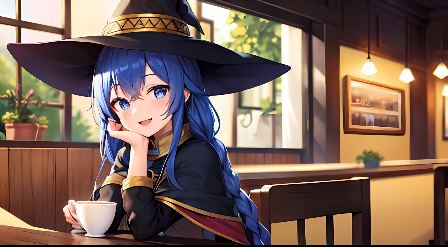 roxy migurdia, Masterpiece, Best quality, Very detailed background, Cafe, hand on own cheek, Open mouth, Smile, arms back behind, bangs, Black tiara, Blue eyes, Blue hair, Braid, Brown cape, Cape, hair between eye, Hat, Long hair, Witch hat