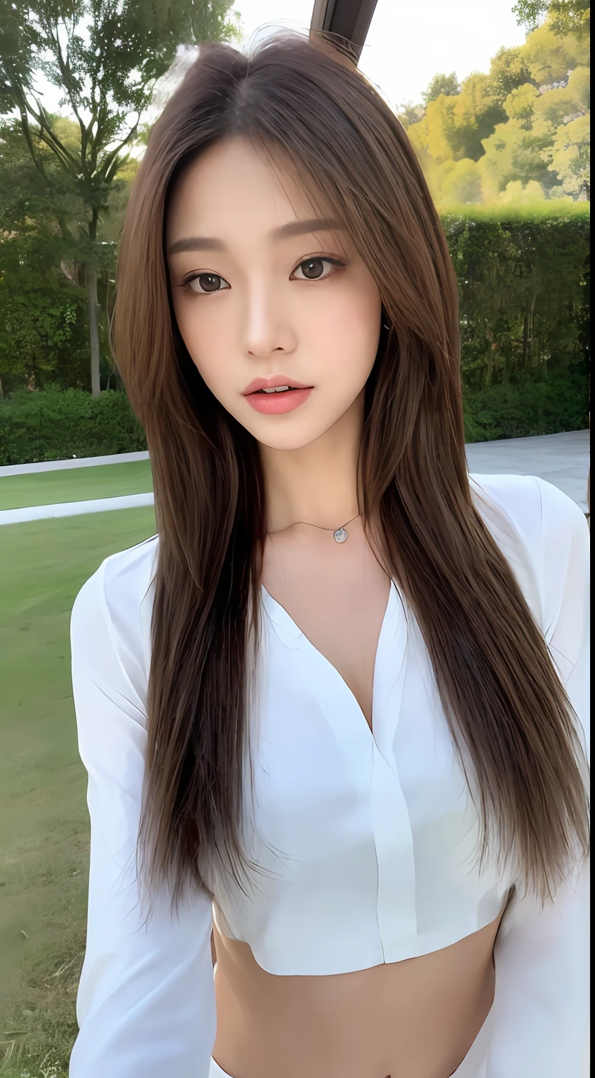 ((Realistic lighting, best quality, 8k, masterpiece: 1.3)), sharp focus: 1.2, 1 girl, beauty with perfect figure: 1.4, slender abs: 1.1, ((layered hairstyle)), (white shirt: 1.4), (outdoor: 1.1), ultra-fine face, fine eyes, double eyelids,