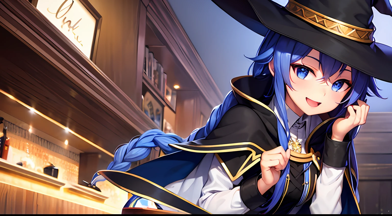 roxy migurdia, Masterpiece, Best quality, Very detailed background, Cafe, hand on own cheek, Open mouth, Smile, arms back behind, bangs, Black tiara, Blue eyes, Blue hair, Braid, Brown cape, Cape, hair between eye, Hat, Long hair, Witch hat
