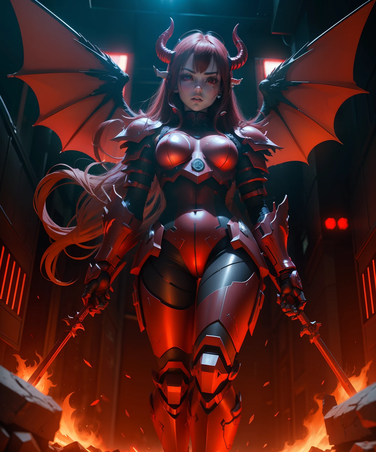 (Demon Angel in Heavy Cyber Armor with Bright Red Lights, Horns on the head and large wings in high detail)8K 3D