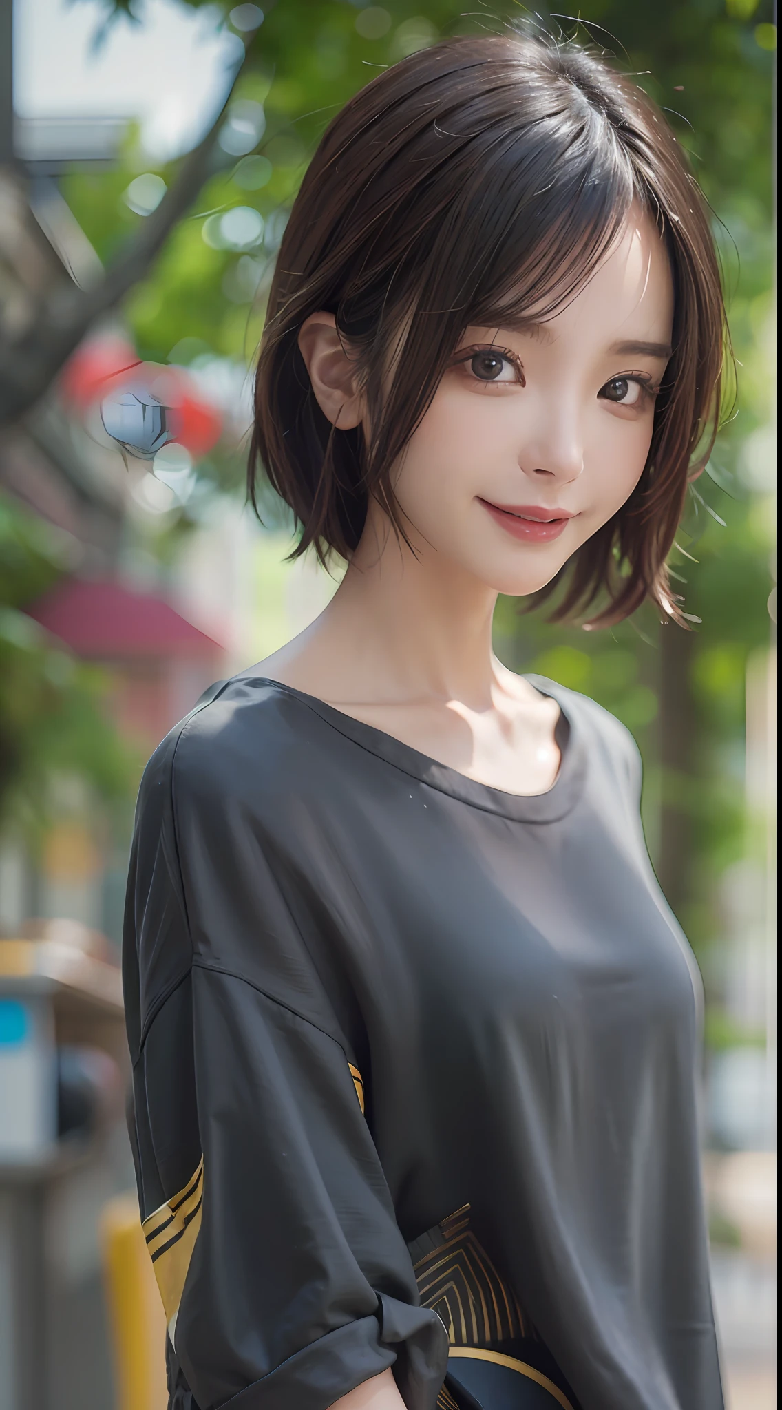 masterpiece、1 beautiful girl、A detailed eye、Puffy eyes、top-quality, 超A high resolution, (Realisticity: 1.4), OriginalPhotographs,cinematlic lighting、japanes、Super beauty、Beautiful skin、A slender、(A hyper-realistic)、(hight resolution)、(8K)、(ighly detailed)、(beautifully detailed eyes)、(ultra-detailliert)、(A detailed face)、looking at viewert、very smiling、Facing straight ahead、Black colored eyes、the body is facing forward、short-cut、Background is an urban street tree、Cute Y-shirt、Not tilting your head、hyper realistic photography、hair color is black、