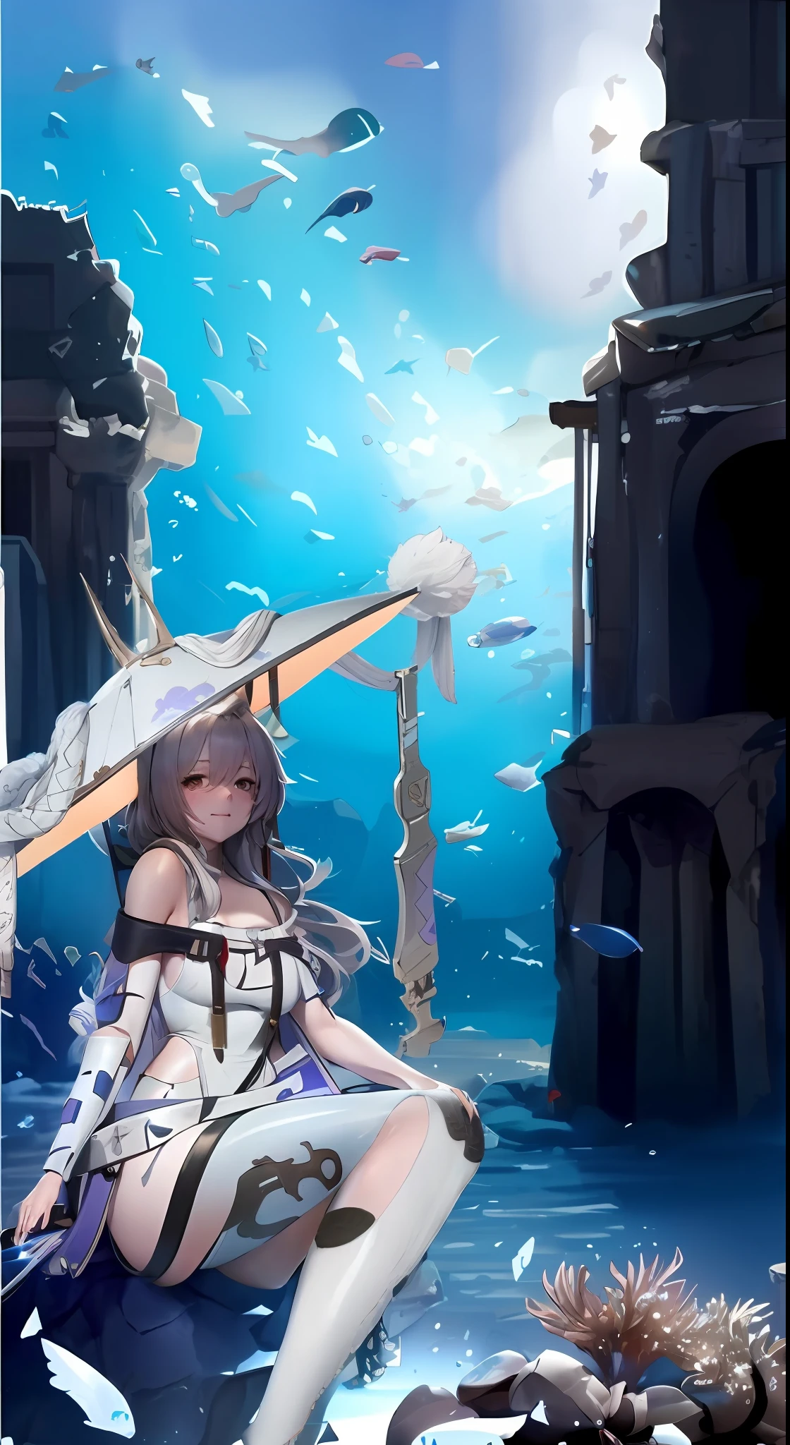 Anime girl sitting on rock，Sword in hand, A scene from the《azur lane》videogame, azur lane style, 《azur lane》role, From Arknights, Keqing from Genshin Impact, Kantai collection style, Ayaka Genshin impact, Best anime 4k konachan wallpaper, Anime goddess, made with anime painter studio