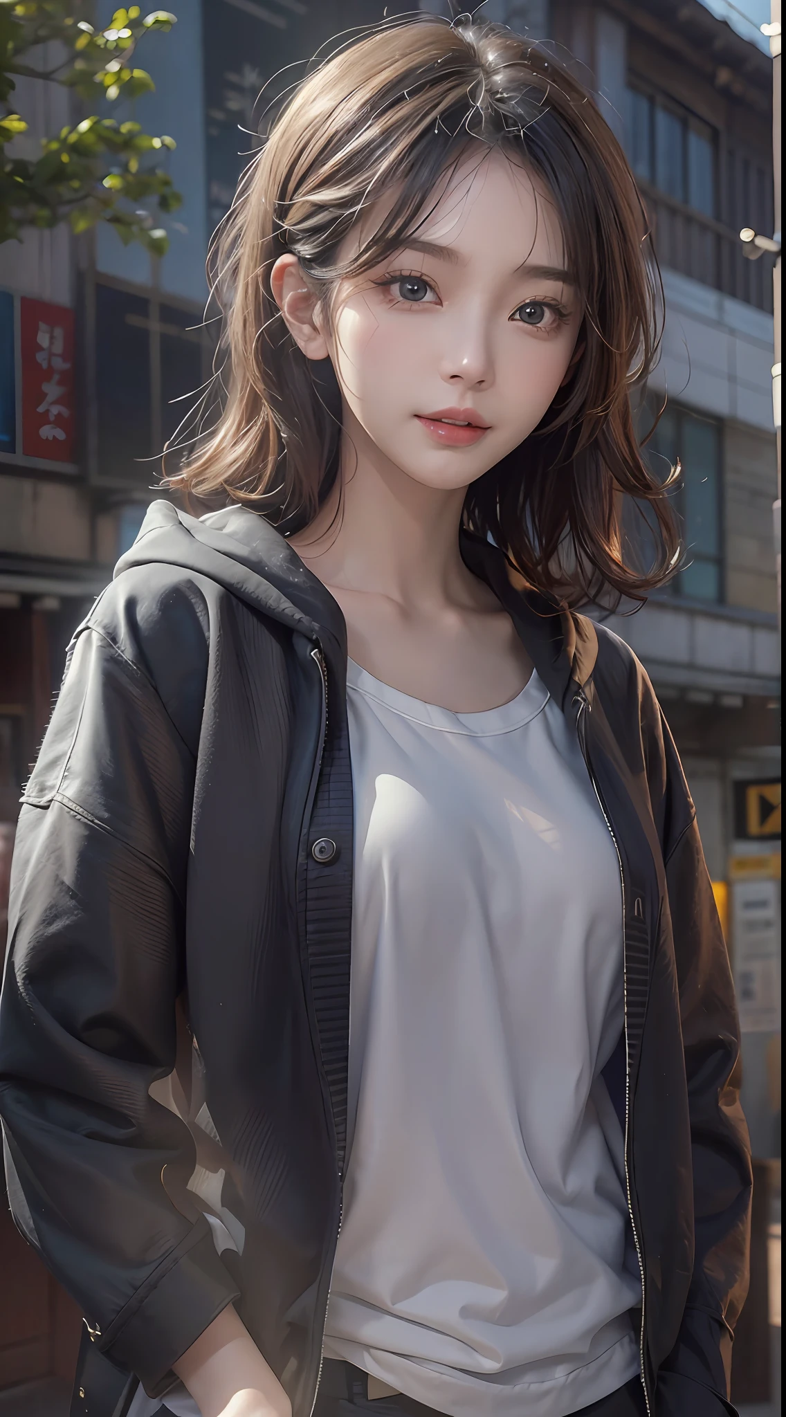 ​masterpiece、1 beautiful girl、A detailed eye、Puffy eyes、top-quality, 超A high resolution, (Realisticity: 1.4), OriginalPhotographs,cinematlic lighting、japanes、Super beauty、Beautiful skin、A slender、(A hyper-realistic)、(hight resolution)、(8K)、(ighly detailed)、(beautifully detailed eyes)、(ultra-detailliert)、（A detailed face）、looking at viewert、very smiling、Facing straight ahead、Black colored eyes、the body is facing forward、short-cut、Background is an urban street tree、Cute Y-shirt、Not tilting your head、hyper realistic photography、hair color is black、