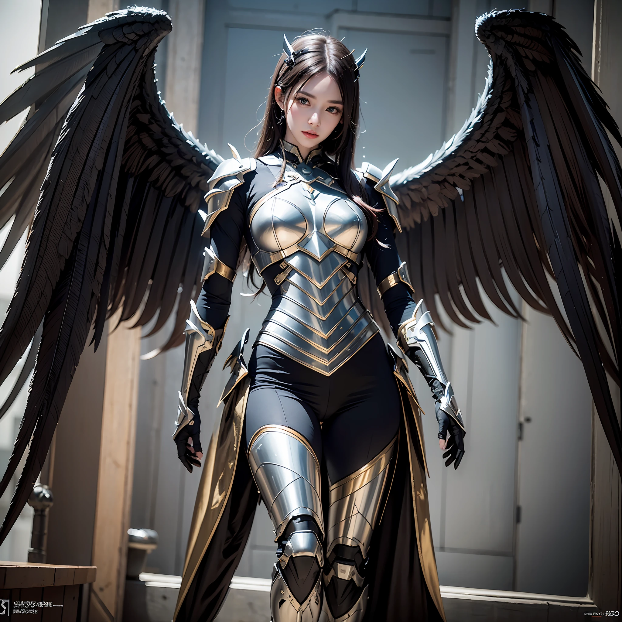 1girll，Dark Angel Warrior，(((On the back there is a pair of large black half-body wings)))，Black titanium，Metal wings，（（Metal wings）），（（Black gold metal armor）），high detal，（beautifulface），Perfect facial features，red tinted hair，Black and gold greatsword，Futuristic technical background，apathy、Aloof、On the high horse，atmospurate、macro，Realistis，hdr（HighDynamicRange）、Ray traching、NVIDIA RTX、Hyper-Resolution、illusory 5、sub surface scattering、post-proces、Anisotropy Filtering、depth of fields、maximum definition and sharpness，Surface coloring、Accurately simulate light-material interactions、perfectly proportions、rendering by octane、largeaperture、Low ISO、White balance、the rule of thirds、8K raw data、lightand shade contrast