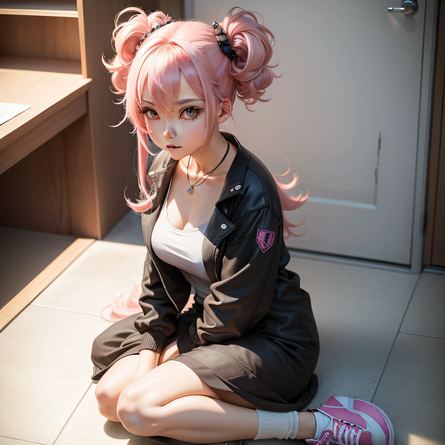 There was a woman sitting on the floor，style of anime，Her hair is pink