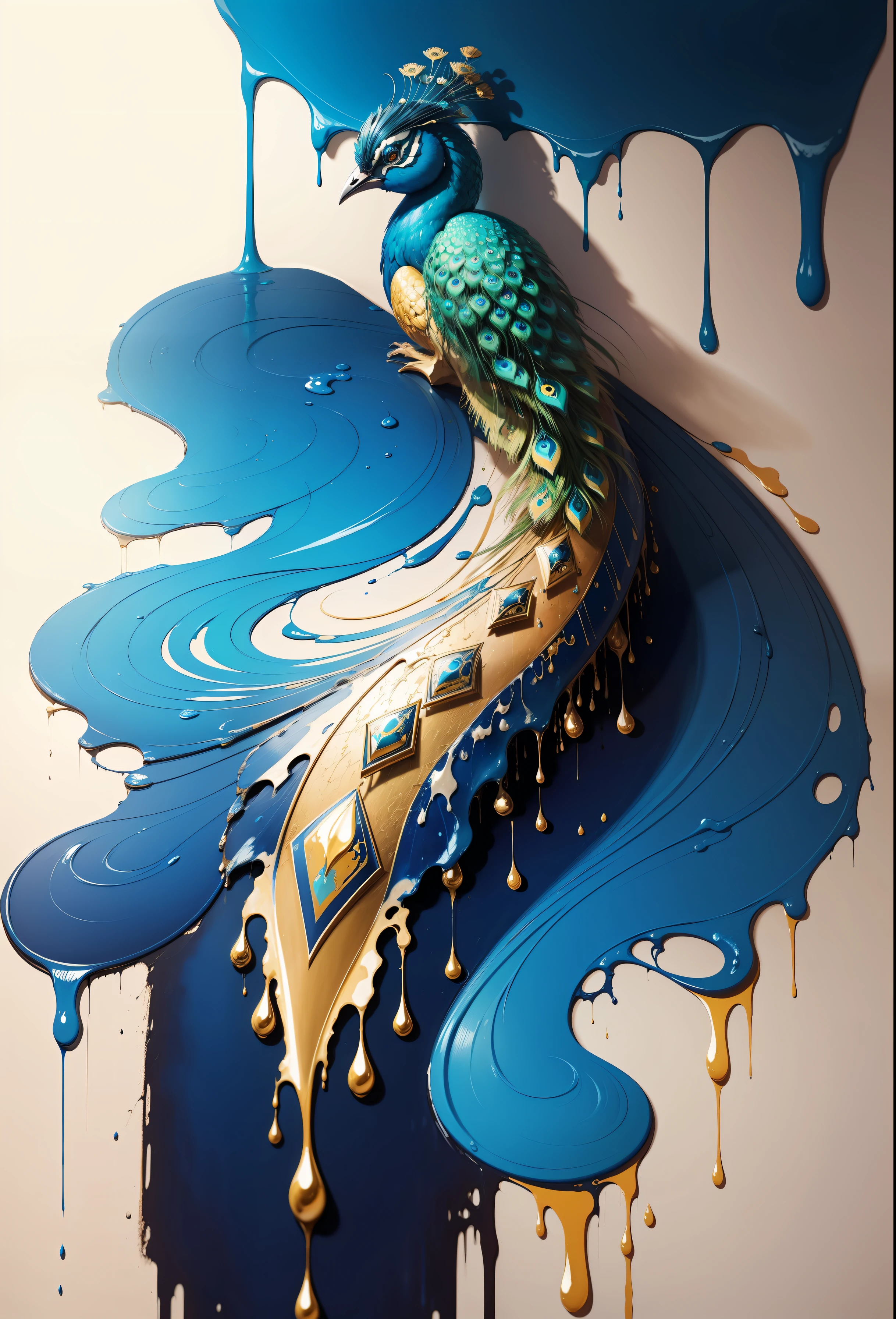 Whole notes in peacock blue and gold，super high-quality model，dripping paint，oil painted，Abstract beauty，Heavy strokes