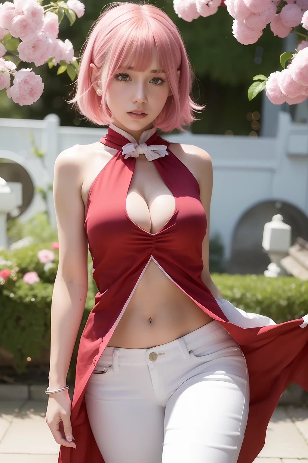 1girl, red cloth, white jeans, short hair, pink hair, red bandana, big boobs, ultra detail, realistic, 70mm lens