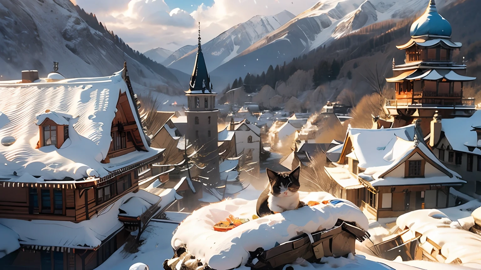(Masterpiece:1.2, High Quality),Cats,Ojo,Double, snow mountain,high jump,Cute,(Orange and white short hair),Ancient Architecture,Ancient temples,ball