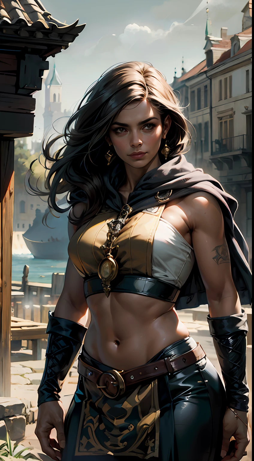 mulher medieval (pirata: 1.2), cabelos loiros, cabelo longo e selvagem, com casaco preto, Seios enormes, belas curvas, decote, cintos, Slacks, standing on the docks in (Crowd of sailors: 1.1) leather and cold winter skin working beautiful overcast sky bright morning light (nevoeiro: 1.1) (chovendo: 1.1 ), (obra-prima:1.2) (illustration:1.1) (melhor qualidade:1.2), foco nítido, Studio photo, detalhes intrincados, altamente detalhado, profundidade de campo, foco nítido, High detail, textura de pele realista, Realistic, fotorrealista, Arte Digital, tinta escura, Directed by: Greg Rutkowski
