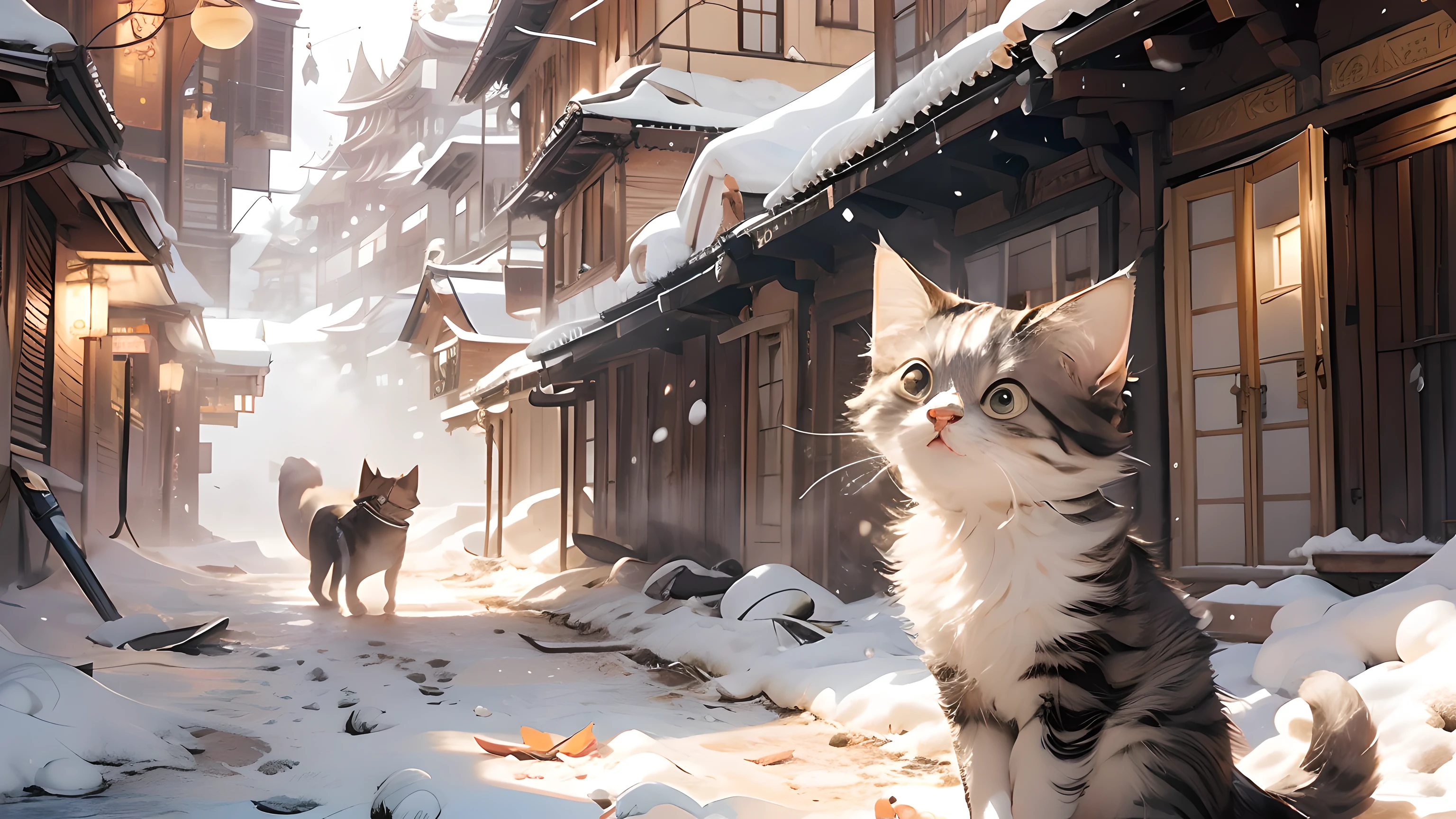 (Masterpiece:1.2, High Quality),Cats,Ojo,Double, snow mountain,high jump,Cute,(Orange and white short hair),Ancient Architecture,Ancient temples,ball