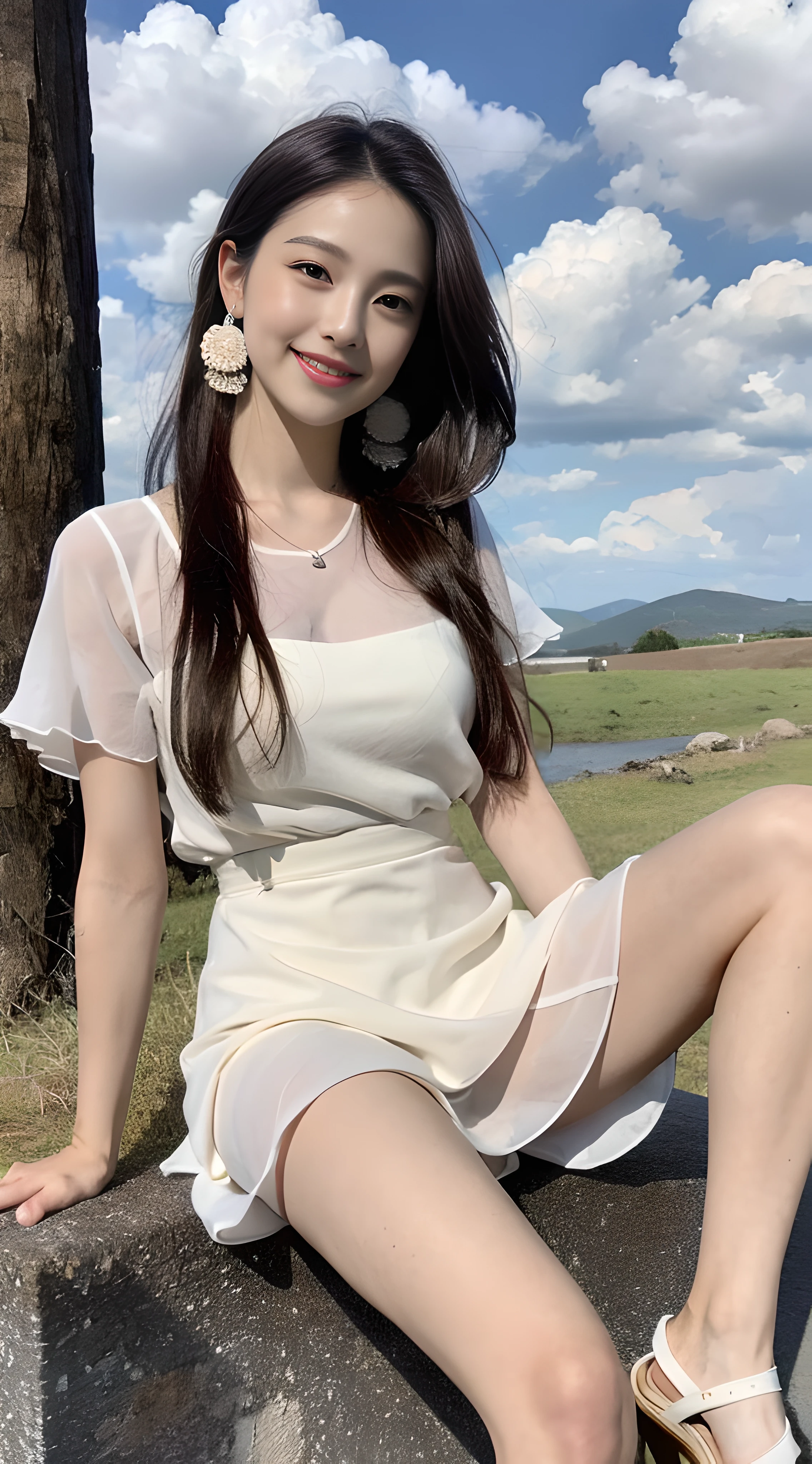 a young, Beautiful cute girl,Full body photo,Extremely beautiful and delicate,Black color hair,A sweet smile,Delicate and beautiful fair skin,Realistic and realistic,exquisite and complete facial features,Detailed depiction of the face,tall nose bridge,Smooth hair,extremely detail hair,Feminine temperament,Fill your face light,Tall and tall,Thin,Realiy,White teeth,Hyper-realism,sandals,full body shot shot,Forward tilt angle,Extreme picture quality,Highest precision,Precise and perfect human anatomy。with blue sky and white clouds,Sitting on the Steppe,with blue sky and white clouds,rays of sunshine,Cows, sheeps, (White chiffon skirt)(telephoto shot,)Express the landscape,Highlight portrait。Wearing earrings