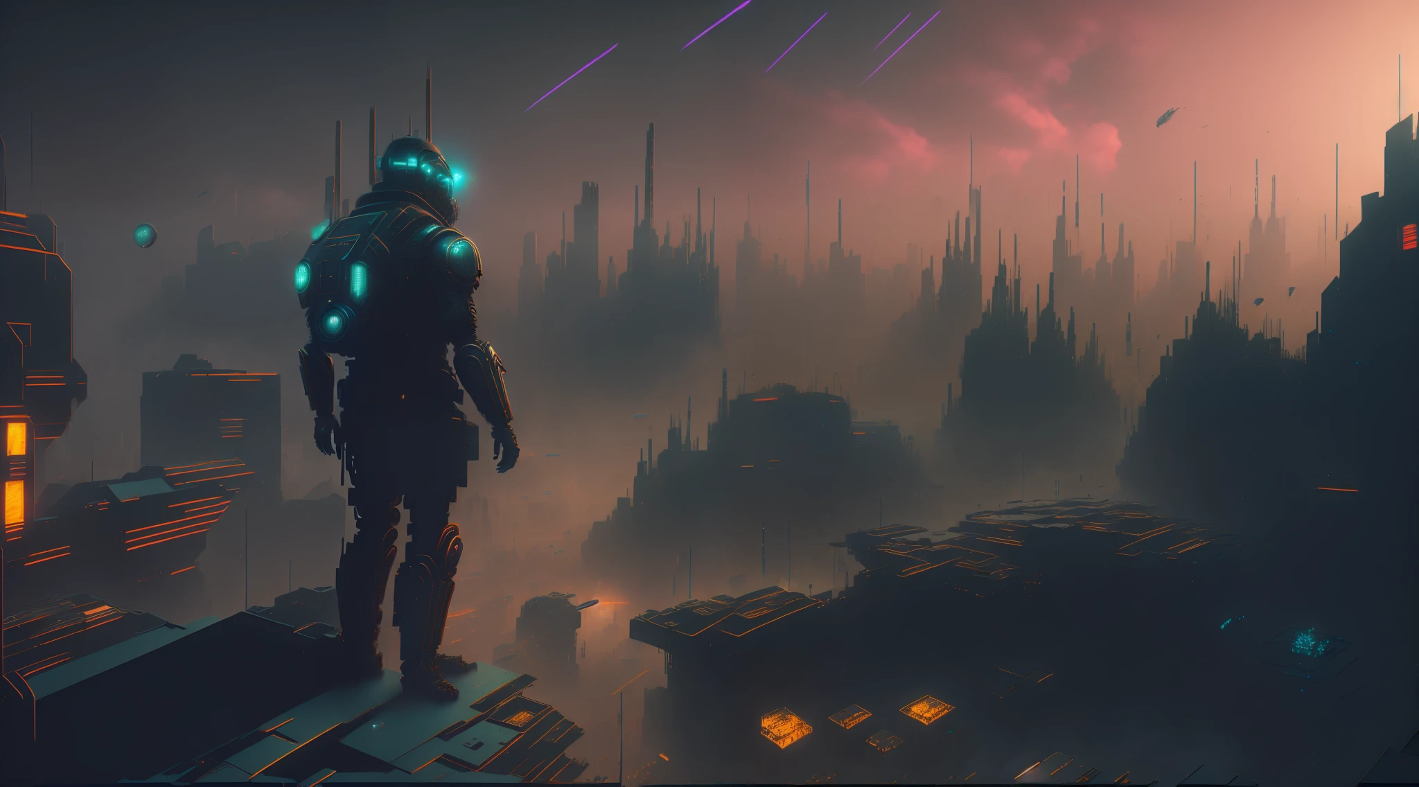 There was a man standing on a roof looking at a city, cinematic beeple, 3 d render beeple, beeple. rendering by octane, arstation and beeple highly, apocalyptic 8 k, Armageddon 8K, cyberpunk apocalyptic city, in the style of beeple, ( illuminations ) 8 k'', author：beeple, 3D cyberpunk apocalypse city，Downstairs is full of greenery