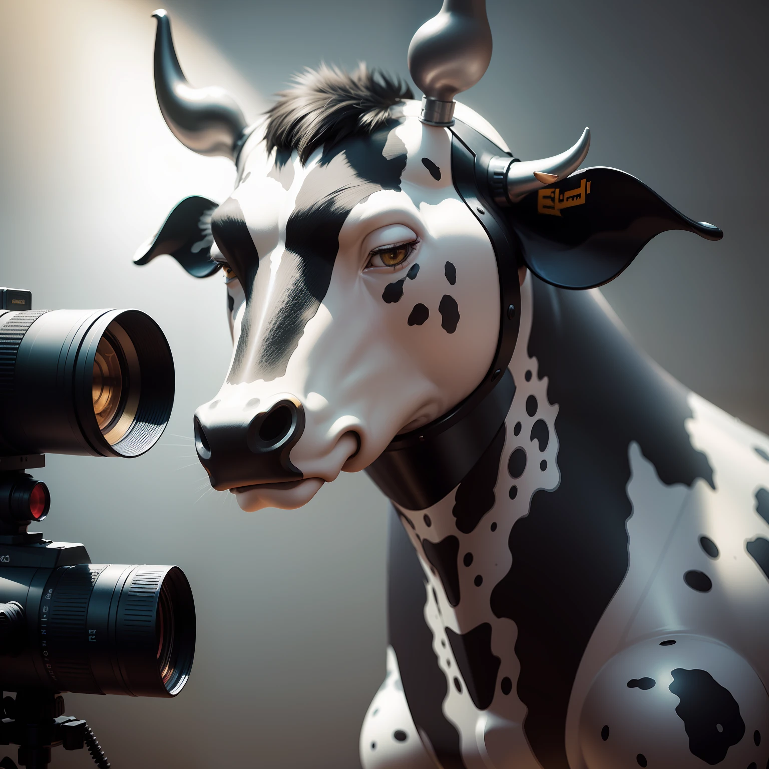 telephoto lenses，A crazy metal cow，Nonsensical style，Extremely exaggerated and funny