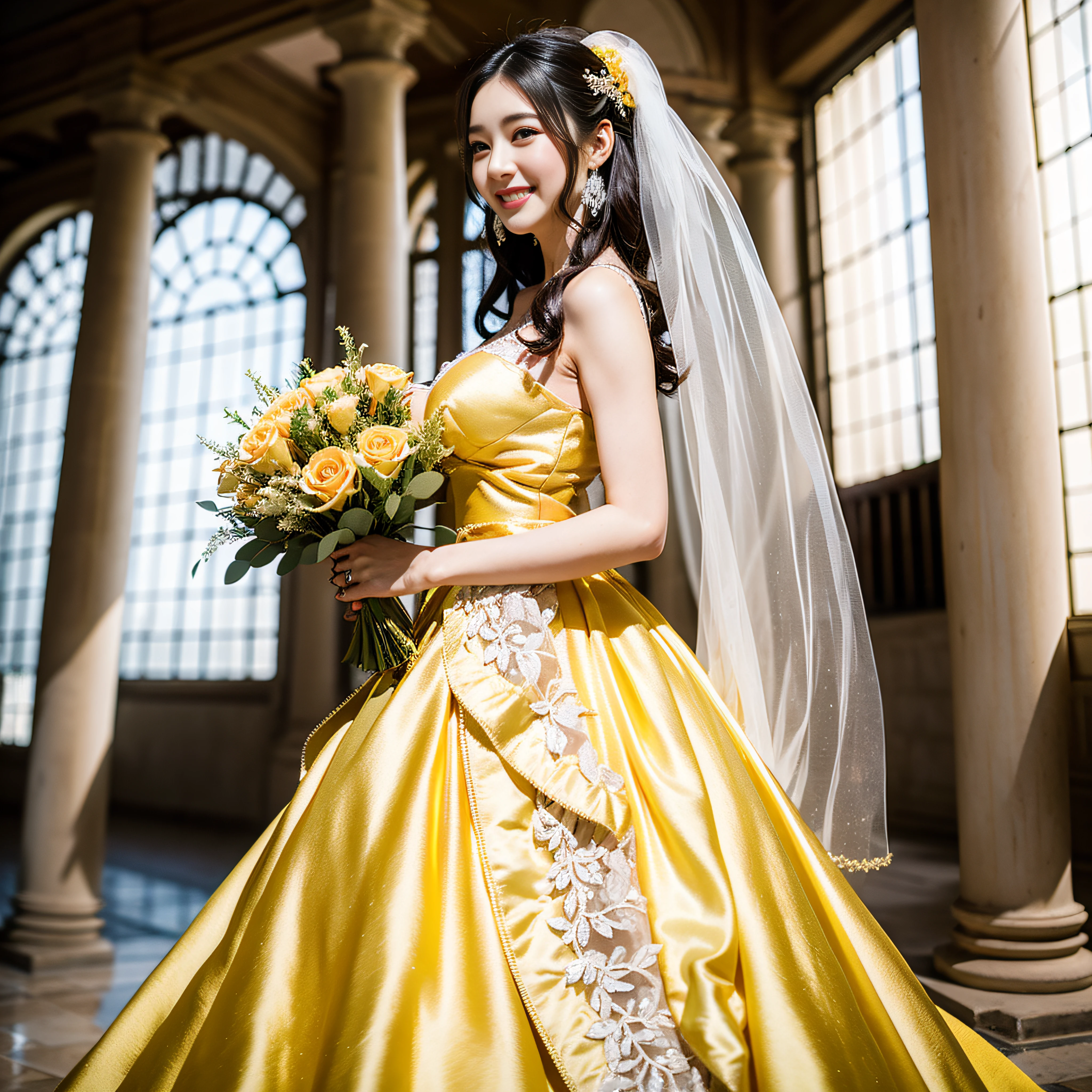 Alafi woman in yellow prom dress with bouquet of flowers, Photograph Taken on Nikon D750, Photo taken with Nikon D 7 5 0, beautiful Korean women, Yellow Wedding Dresses,Silk Fabric,High-grade fabrics,Wedding dresses with fine embroidery, chinese princess, Korean female, Beautiful young Korean woman, huge tit,large full breasts,wedding photos, Korean Girl,Happy smile, professional wedding photography, palatial palace ， a girl in hanfu