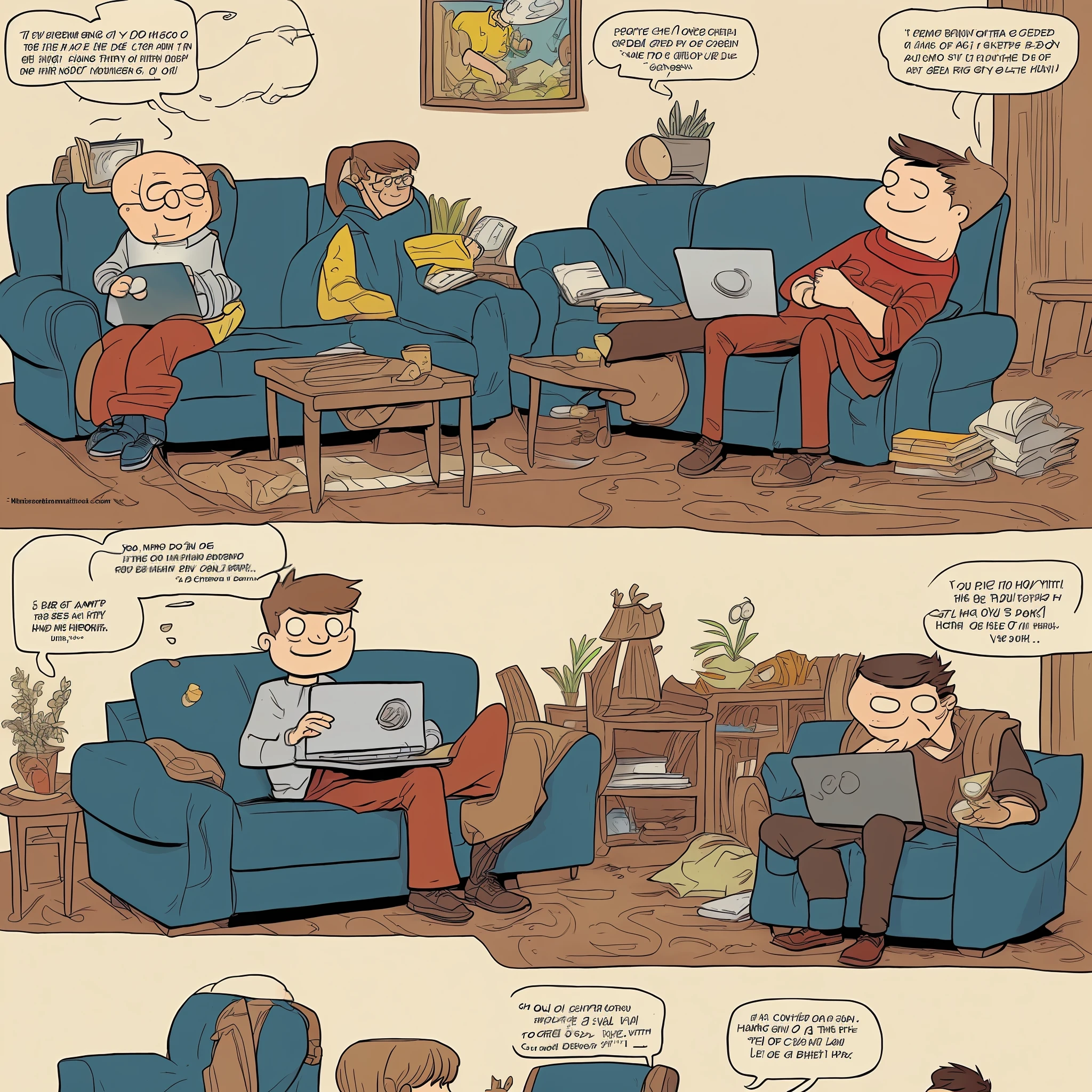 Comic strip about a boy showing a coin to his dad that is using the laptop in the armchair, cartoon art style