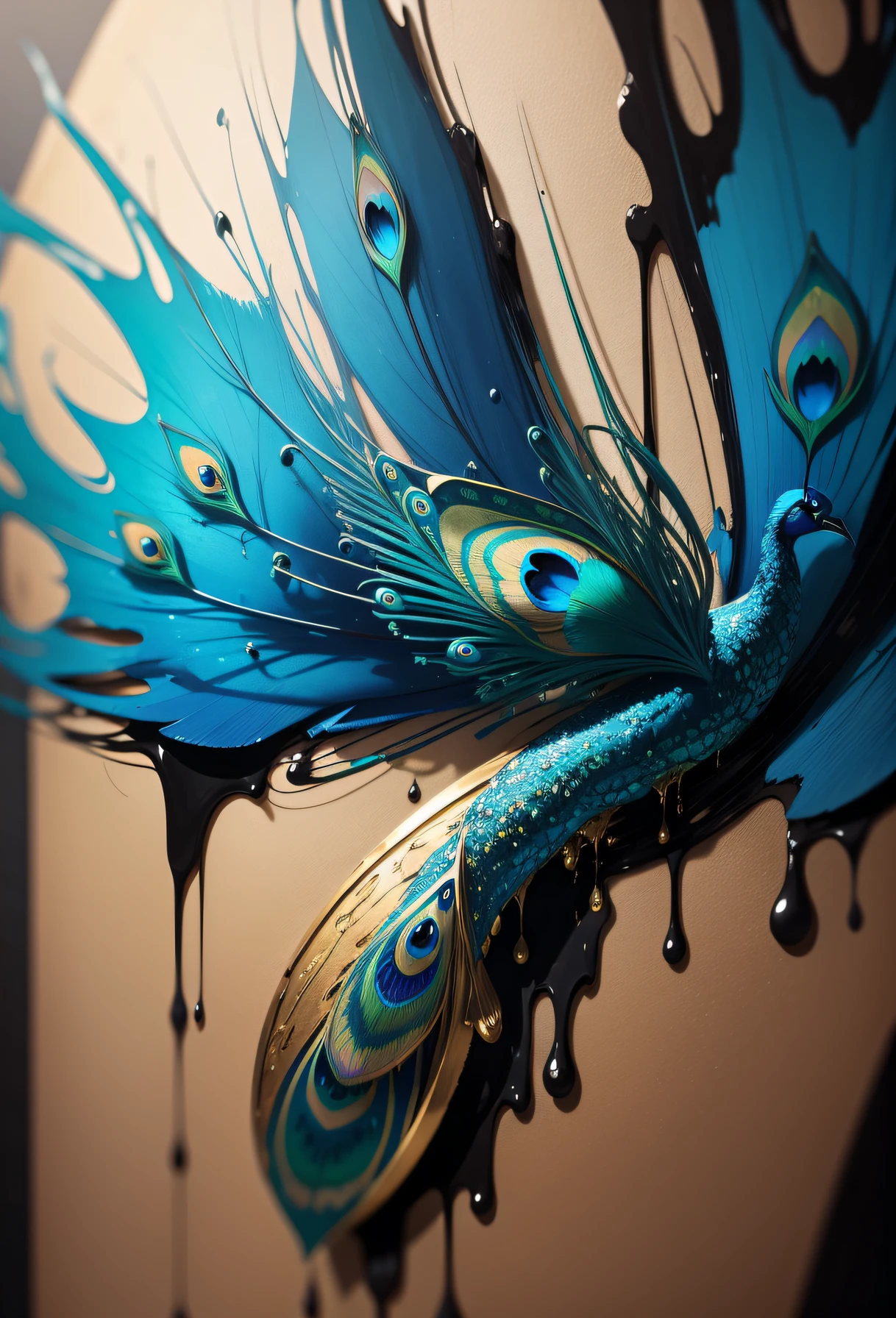Peacock blue color and gold full note,super high-quality model,dripping paint,oil painted,Abstract beauty,Heavy strokes