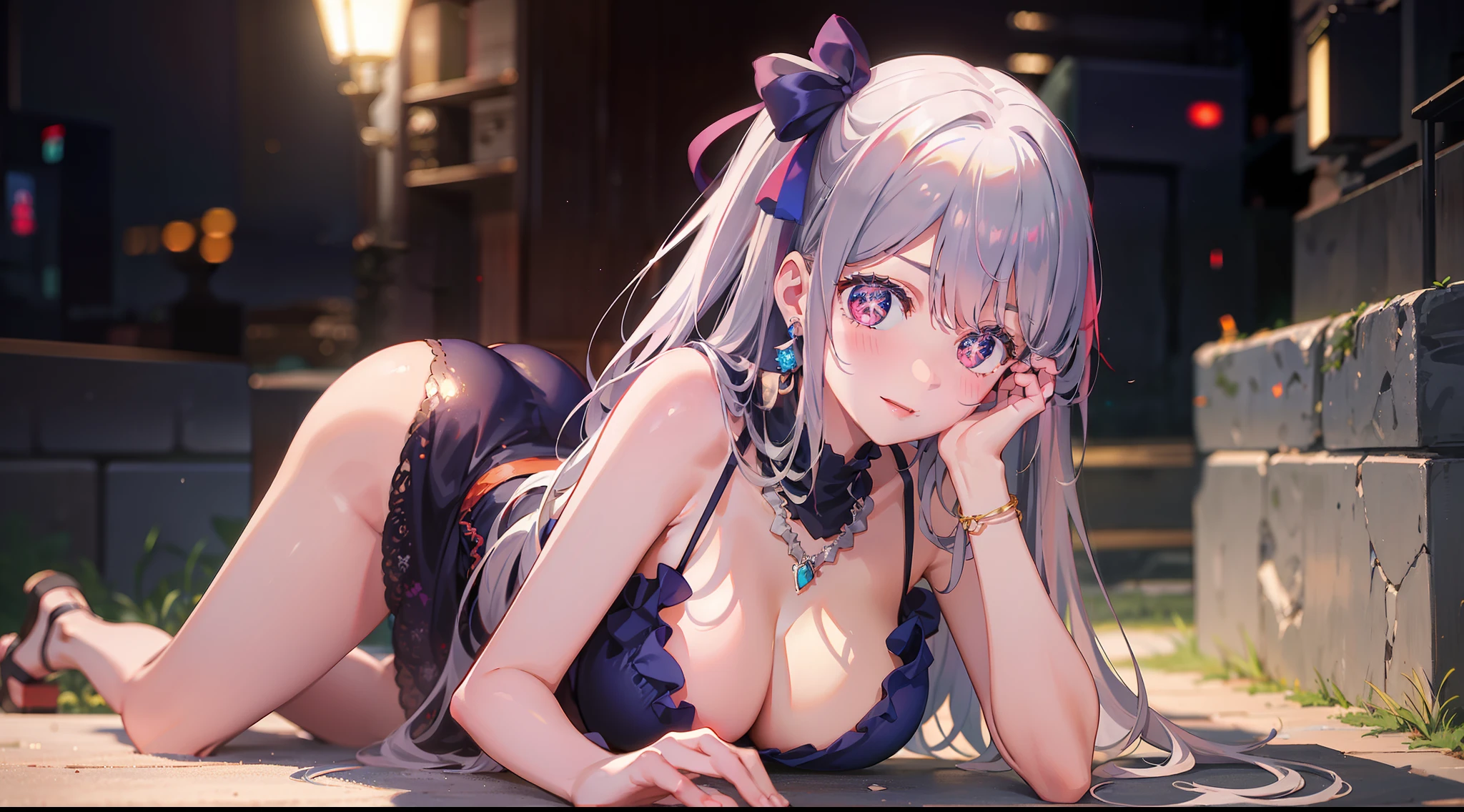 A girl crawls in a park at night,Clear sky in the background. Park benches and soft lighting, Rear photo, (Side photography), looking back at the viewer, (Masterpiece), ((Ultra-detailed)), (Highly detailed), (Expressionless), (Best quality: 1.2), 8K, hdr, A high resolution, absurderes: 1.2, Object perspective, Blurred background, Bokeh: 1.1, Lens flare, (vivd colour: 1.2), High quality texture, Detailed texture, High-quality lighting and shadows, a face with perfect proportion, full bodyesbian, Mature and excited body, Detailed skin texture, vibrant, pale and radiant skin, natural saggy breasts, gigantic bosom: 1.5, High waist, Narrow waist: 1.3, Wide hips, Full buttocks, Detailed beautiful face, (PureErosFace_V1:1.3)(Ulzzang-6500:0.4) Detailed beautiful eyes, Symmetrical eyes, Perfect eyes, Seductive eyes, Beautiful nose, High nose, Clear blush, Detailed lips, Earrings, hoop earings, necklace, jewelry, Sapphire heart necklace, Silver-toned high-heeled sandals, Seductive expression, Smile, Perfect hands, Delicate and beautiful fingers, Detailed beautiful legs, photo-realistic hair, detailed hairs, (Silver dress, Red dress, Blue dress), Chisato Nishiki, Long hair, Blonde hair, (Red eyes: 1.5), Hair ribbon, Bob cut, Red hair ribbon,),Huge breasts,Japan goddess,Blush,