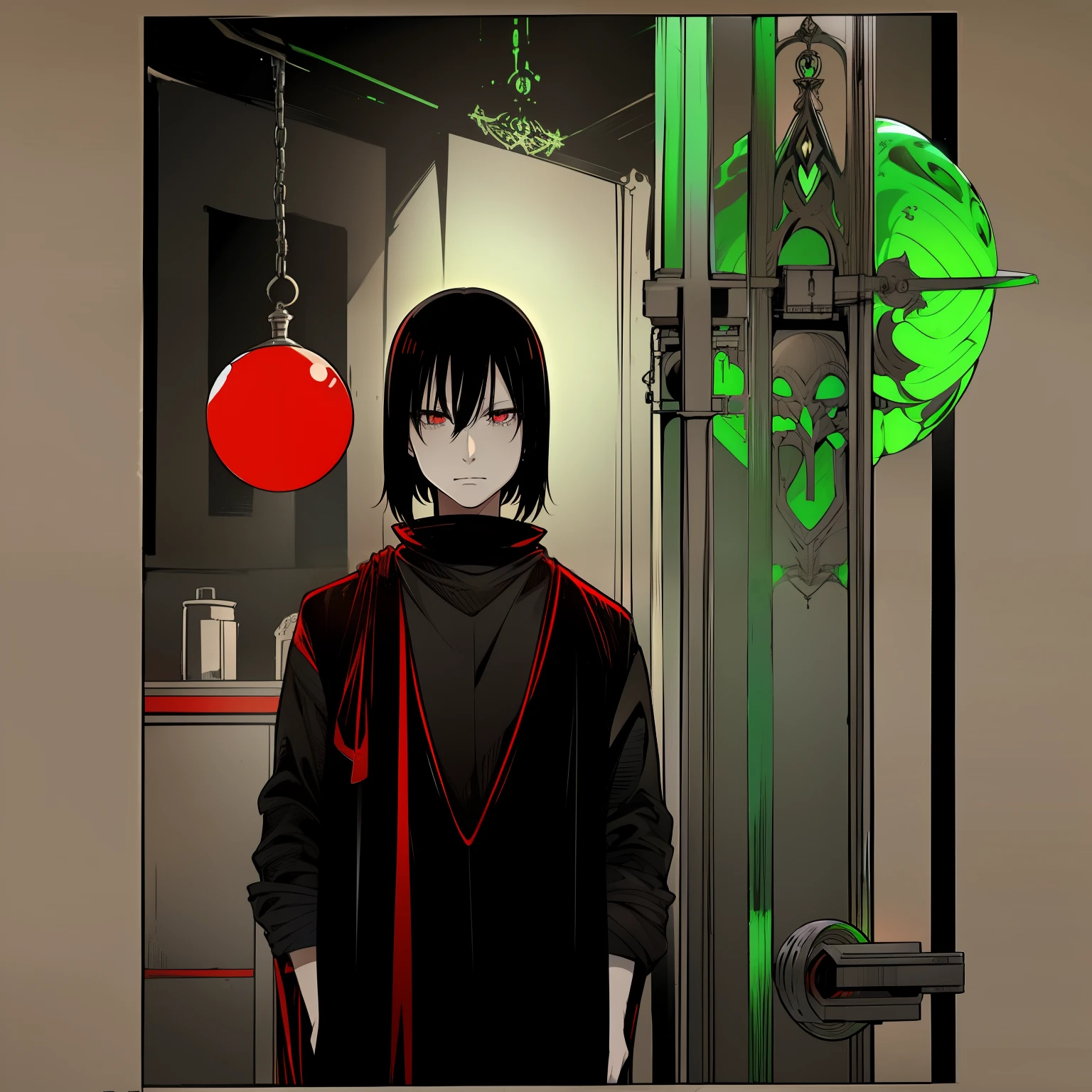 ((One Man)), (black short hair), white hiccups, pale skin, black cloth robe, a sphere with red liquid in his hand, a large lock behind his back, the lock emits a green glow,  front view