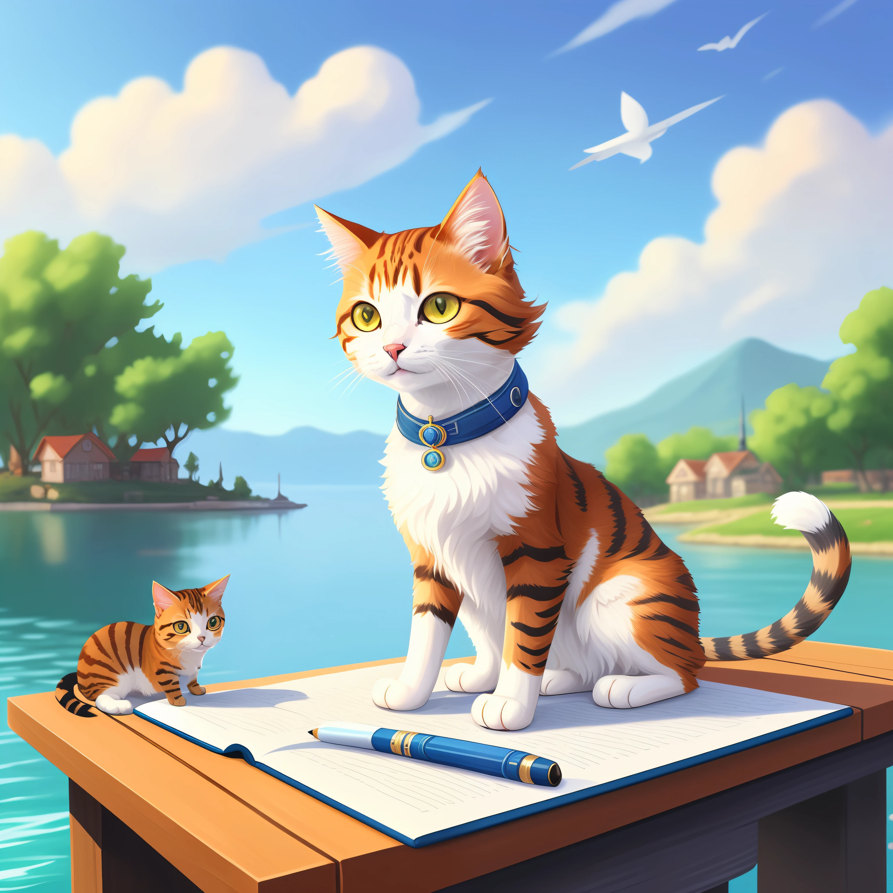 There was a cat sitting on the dock,Hold a book and pen, lovely digital painting, Cute detailed digital art, adorable digital art, realistic anime cat, furry artist, cute detailed artwork, warrior cats fan art, fursona art, cat. Digital painting, Detailed fanart, Detailed painting 4 K, Beautiful digital artwork, Realistic illustration, overdetailed art, Detailed art