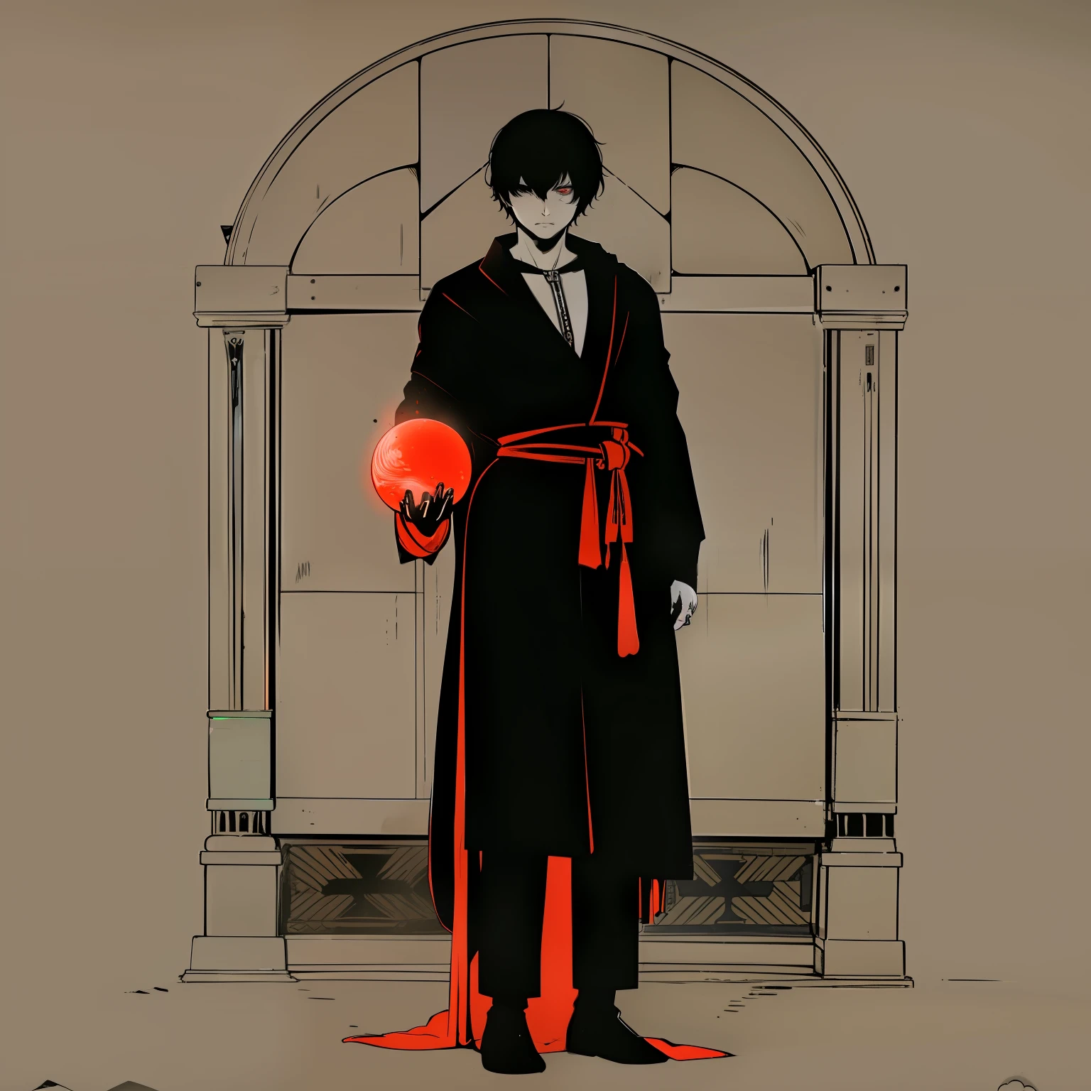 ((One Man)), (black short hair), white hiccups, pale skin, black cloth robe, a sphere with red liquid in his hand, a large lock behind his back, the lock emits a green glow,  front view