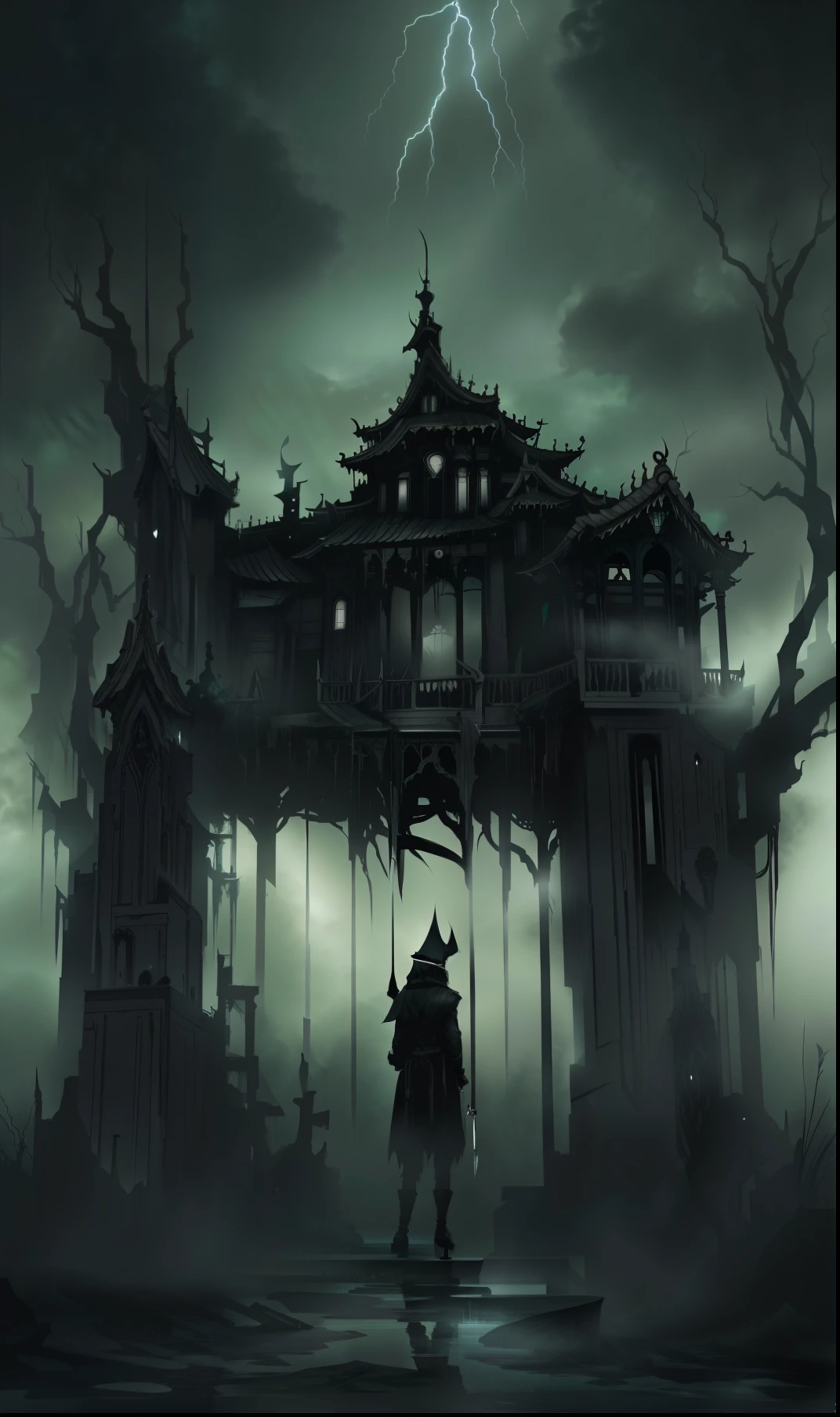 The image depicts a dark and creepy scene，Includes dark and contrasting tones。the are In the background，There is a majestic and dilapidated Gothic mansion，Its towers reach out into the night sky。Its stone walls have been worn and decayed by time，The atmosphere of abandonment and melancholy intensified。The starry sky is covered with thick dark clouds，dark stormy clouds。Lightning cuts the horizon，Cast a brief flash of light，Illuminate the surroundings，Reveal ominous details。The full moon hovers in the sky，Shrouded in a spectral halo，His supernatural presence is highlighted。In front of the mansion，There is an abandoned garden，Where withered and thorny plants grow disorderly。Rough leafless trees cast ominous shadows over the terrain。Dead black flowers bloom in a twisted spiral，Evokes a decaying sense of life。There is no image center，Destaka - If it's a lonely human form。She's standing，With an air of despair and pain。His face was gloomy，The expression is a mixture of fear and pain。The person puts his hand on his face，It was as if he was in pain，Struggling with inner pain。The figure is surrounded by ominous shadows，These shadows stretch and twist on the ground，It looks like a pre-named la no lugar。These shadows create an illusion of movement，And make it feel like the characters are trapped in an endless nightmare。The scene is sparsely lit，Focus on specific points，Highlight the element key，Add mystery and suspense。The main color is black，greys，Brown and dark purple，Create a dark and suffocating environment。There are no conjunctions，Gothic style illustrations have depth，Try to capture the essence of anxiety and despair。It depicts a melancholy world，Repressed and full of negative emotions，The audience is immersed in a whirlwind of dark emotions。