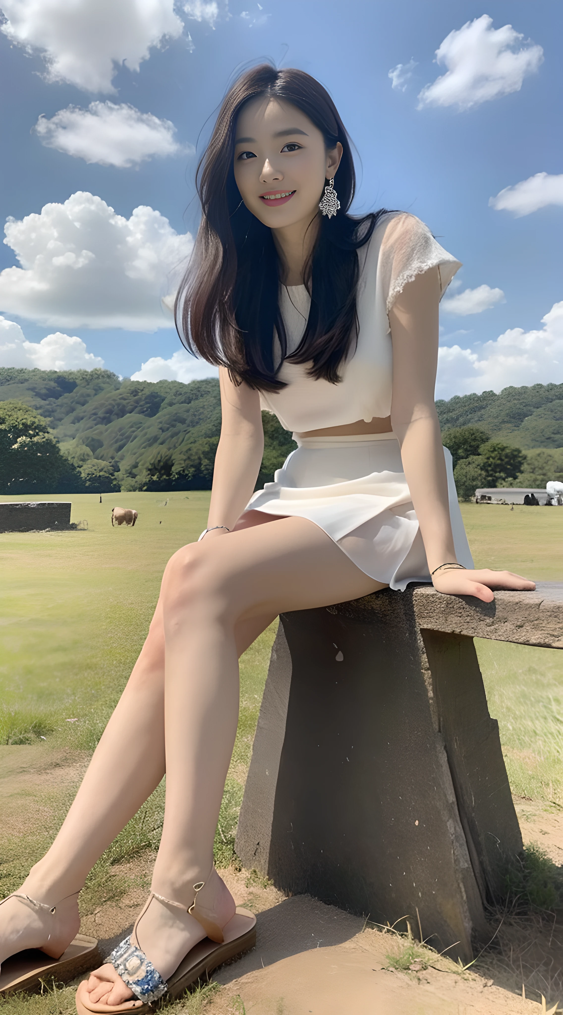 a young, Beautiful cute girl,Full body photo,Extremely beautiful and delicate,Black color hair,A sweet smile,Delicate and beautiful fair skin,Realistic and realistic,exquisite and complete facial features,Detailed depiction of the face,tall nose bridge,Smooth hair,extremely detail hair,Feminine temperament,Fill your face light,Tall and tall,Thin,Realiy,Hyper-realism,sandals,full body shot shot,Forward tilt angle,Extreme picture quality,Highest precision,Precise and perfect human anatomy。with blue sky and white clouds,Sitting on the Steppe,with blue sky and white clouds,rays of sunshine,Cows, sheeps, (White chiffon skirt)Panties are clearly visible. (telephoto shot,)Express the landscape,Highlight portrait。Wearing earrings