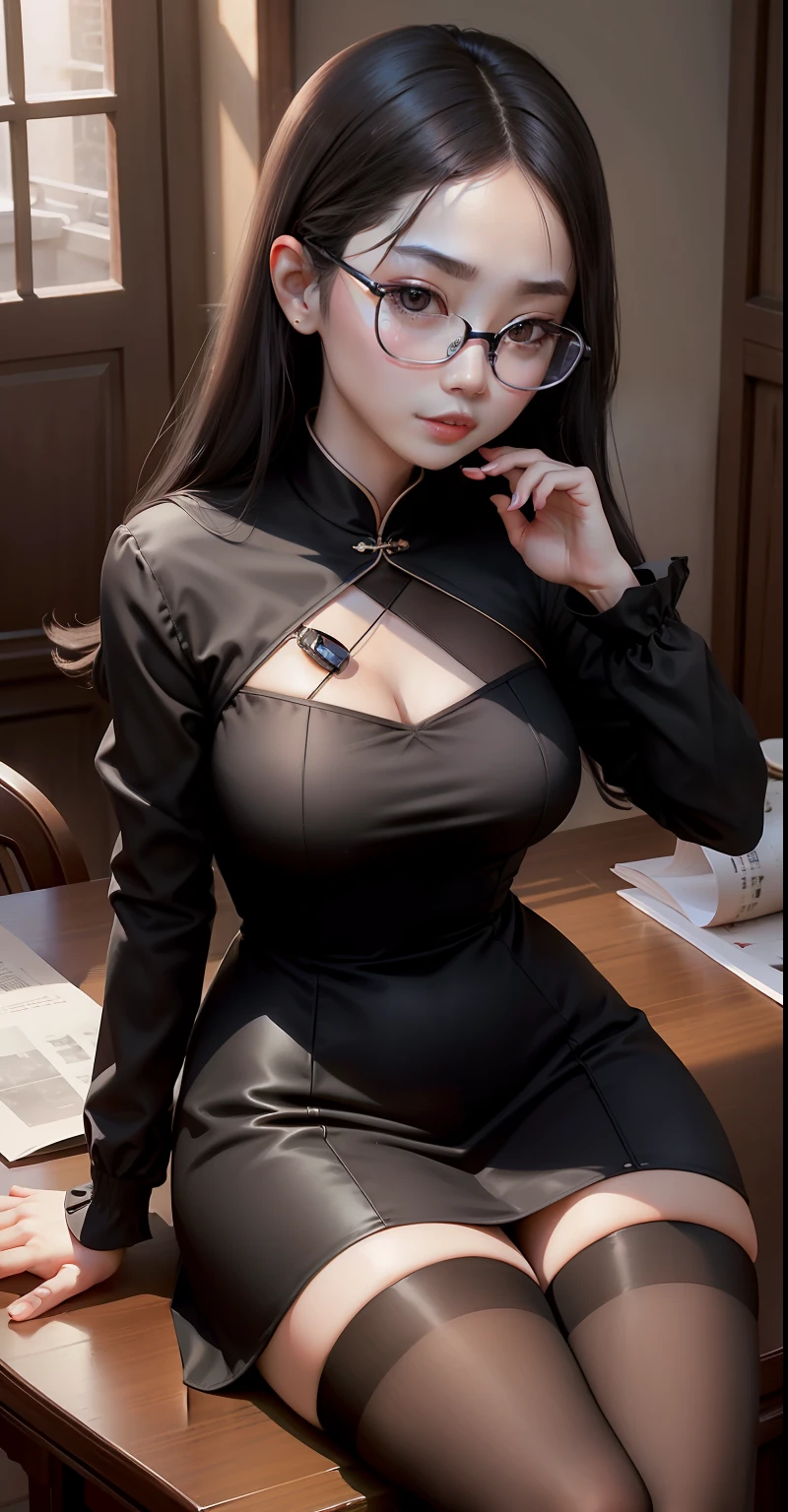 Sit at the table，with a round face，plumw，sexy for，Feminine，Wear thin glasses，black color dress，Wang Zuxian，Chinese women，Flush cheeks，with square glasses，largeeyes，with fair skin，Black stockings，with dynamism，rays of sunshine，